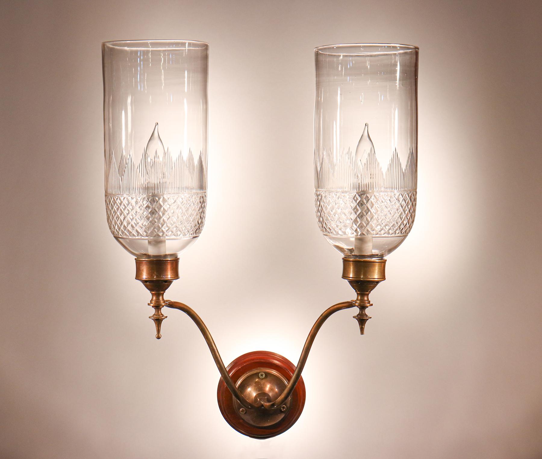 English Pair of 19th Century Hurricane Shade Double-Arm Wall Sconces