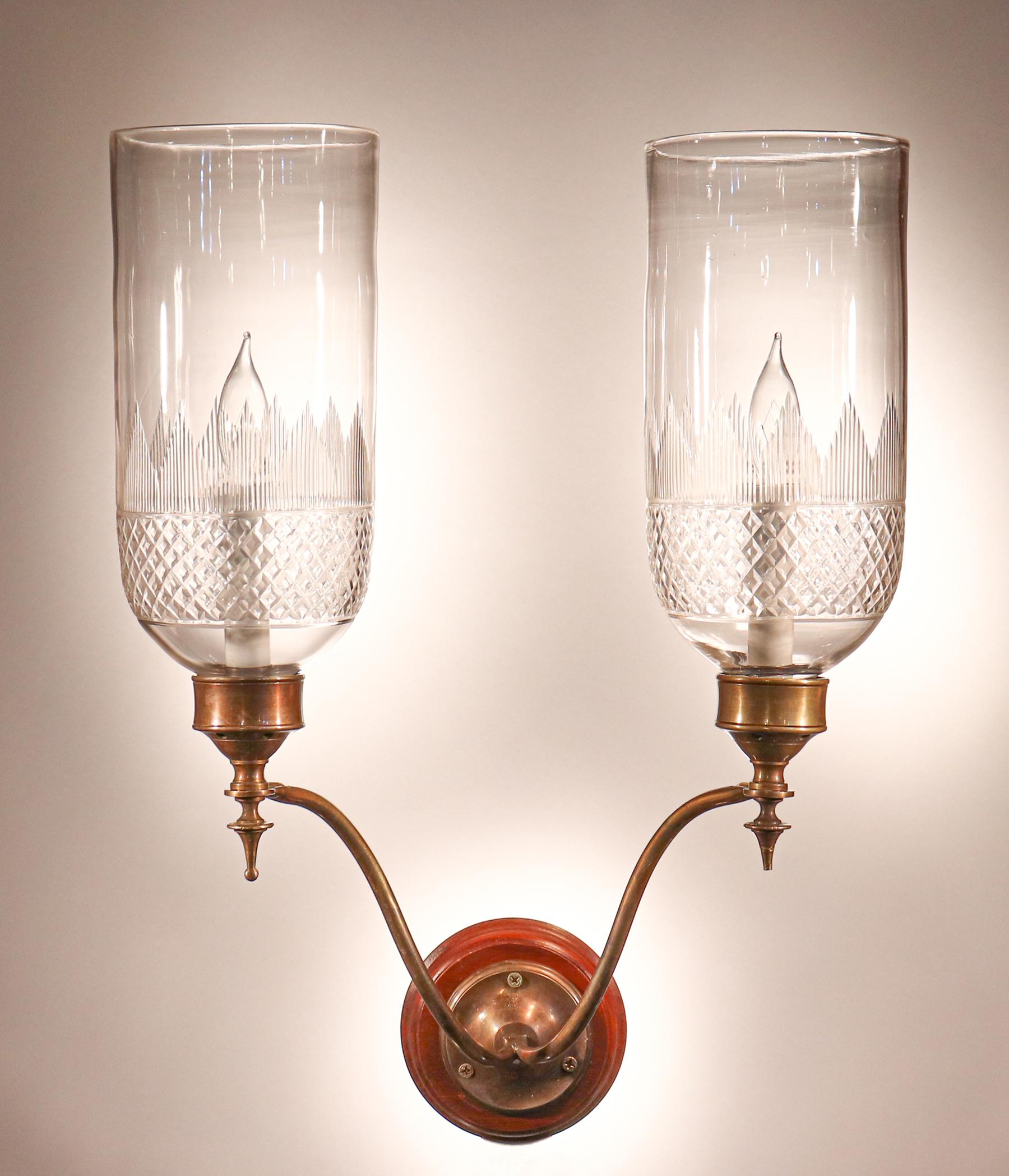 Etched Pair of 19th Century Hurricane Shade Double-Arm Wall Sconces