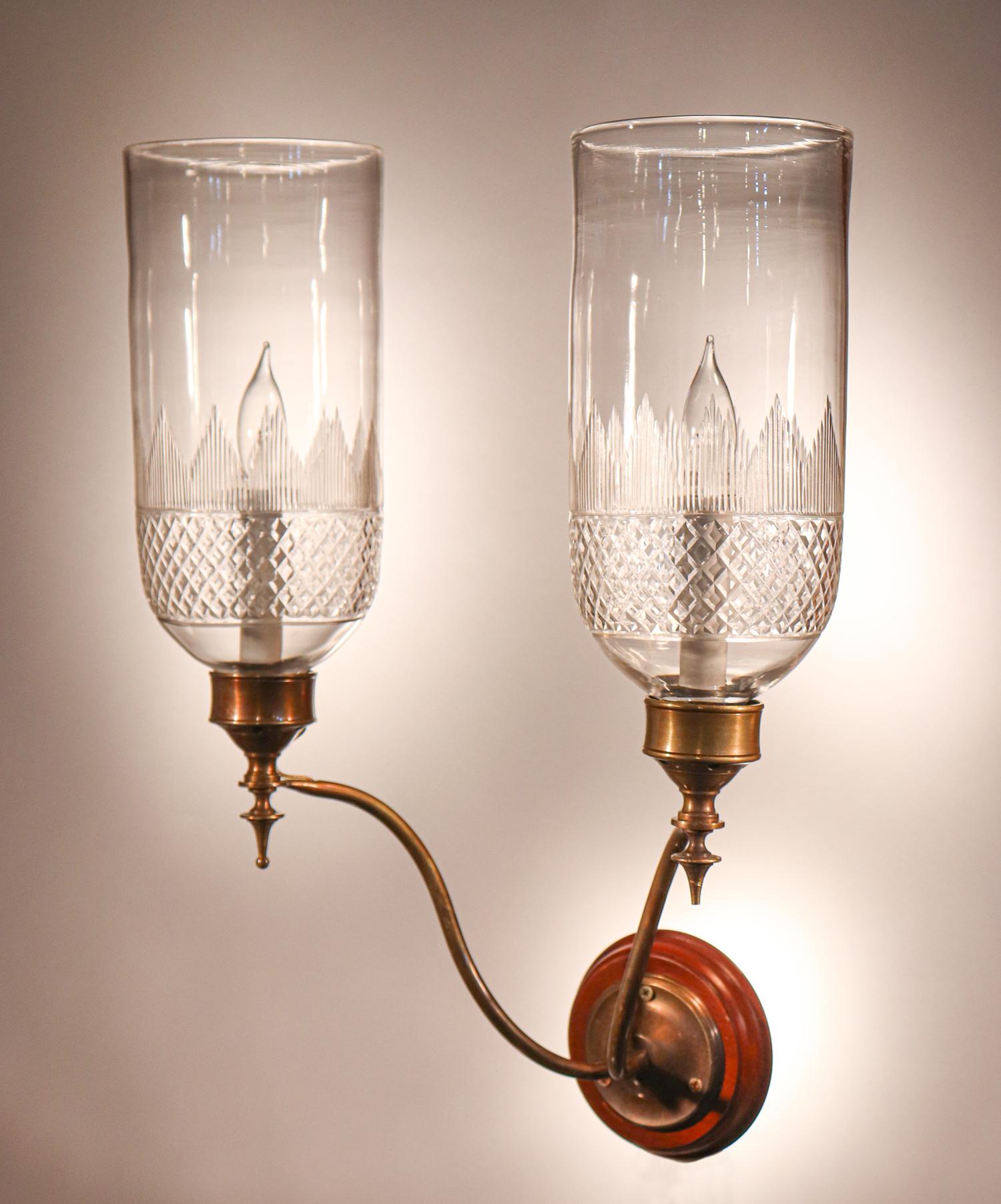 Pair of 19th Century Hurricane Shade Double-Arm Wall Sconces In Good Condition In Heath, MA