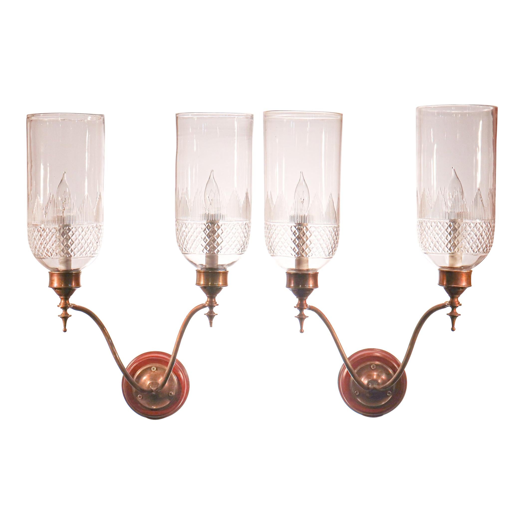 Pair of 19th Century Hurricane Shade Double-Arm Wall Sconces