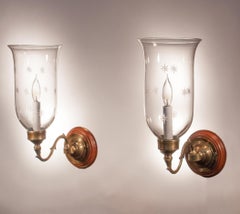 Pair of 19th Century Hurricane Shade Sconces with Etched Stars