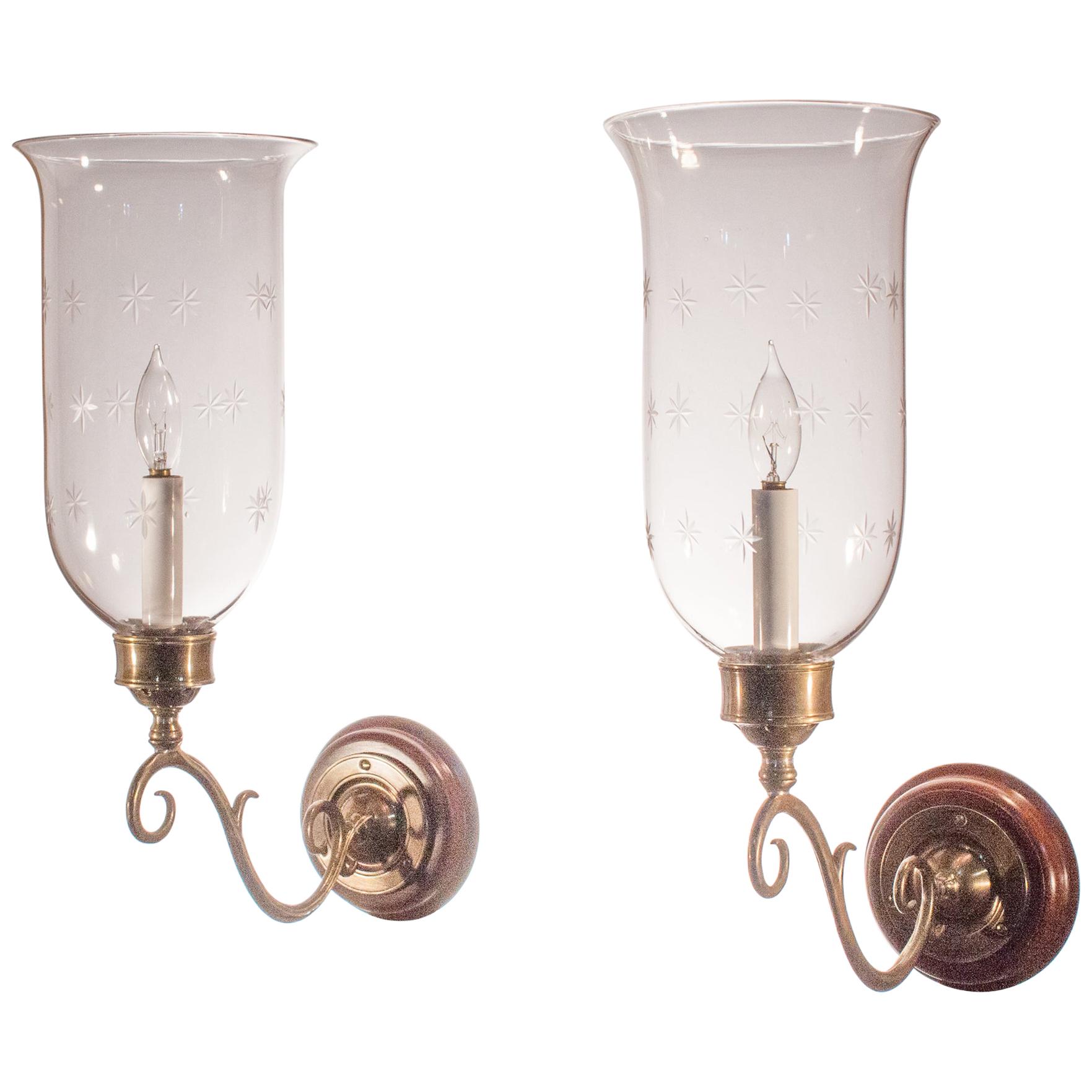 Pair of Antique Hurricane Shade Wall Sconces with Etched Stars