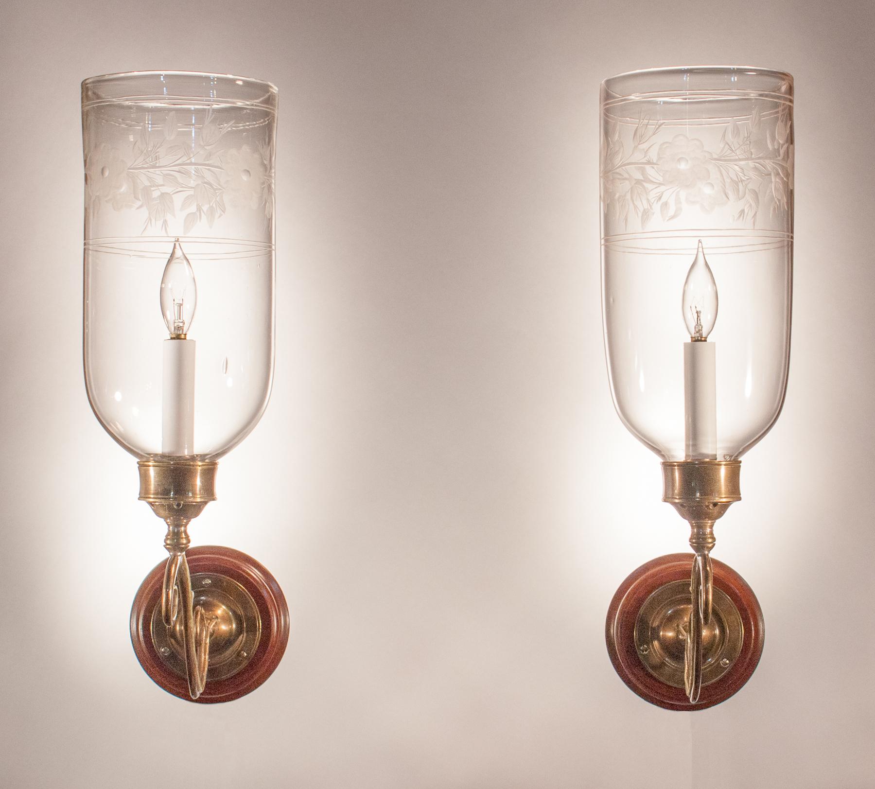 High Victorian Pair of Antique Hurricane Shade Sconces with Floral Etching