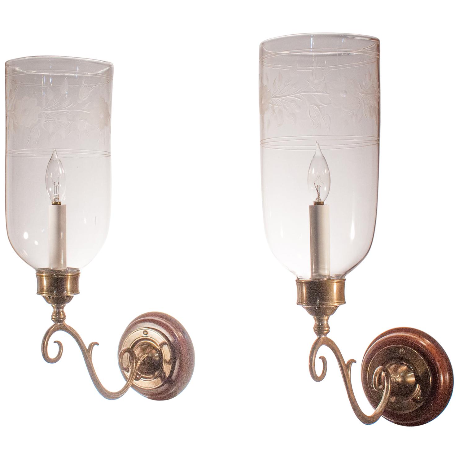 Pair of Antique Hurricane Shade Sconces with Floral Etching
