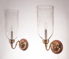 Pair of Hurricane Shade Wall Sconces with Frosted Leaf Etching
