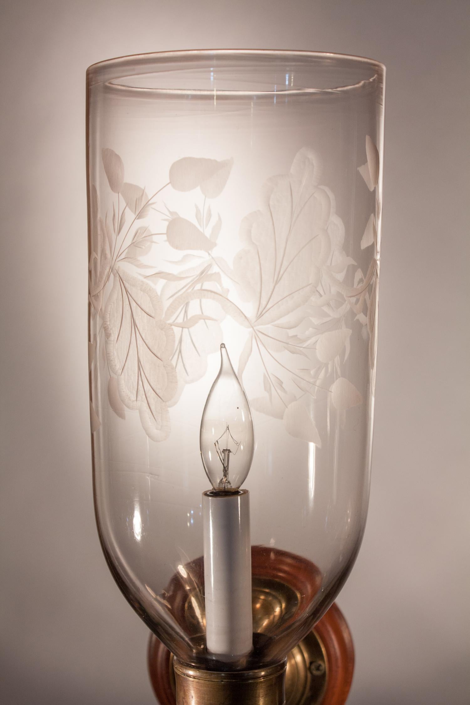 Etched Pair of Hurricane Shade Wall Sconces with Frosted Leaf Etching