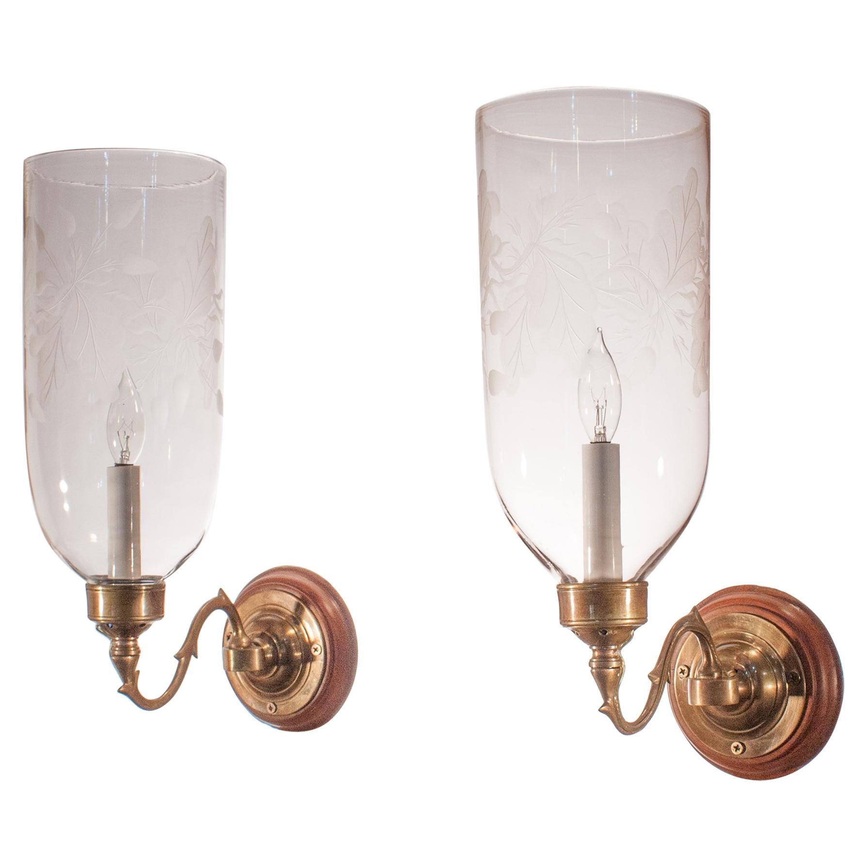 Pair of Hurricane Shade Wall Sconces with Frosted Leaf Etching