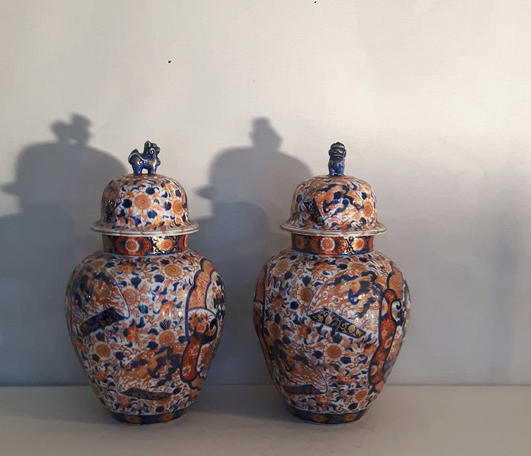 Meiji Pair of 19th Century Imari Lided Vases