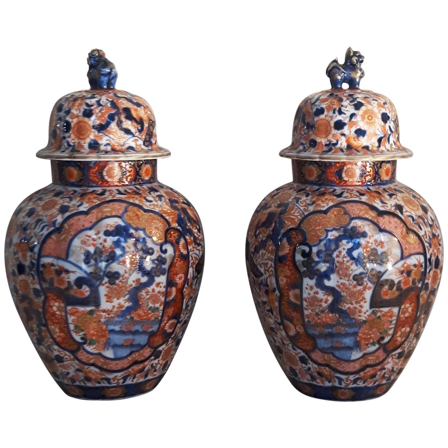 Pair of 19th Century Imari Lided Vases