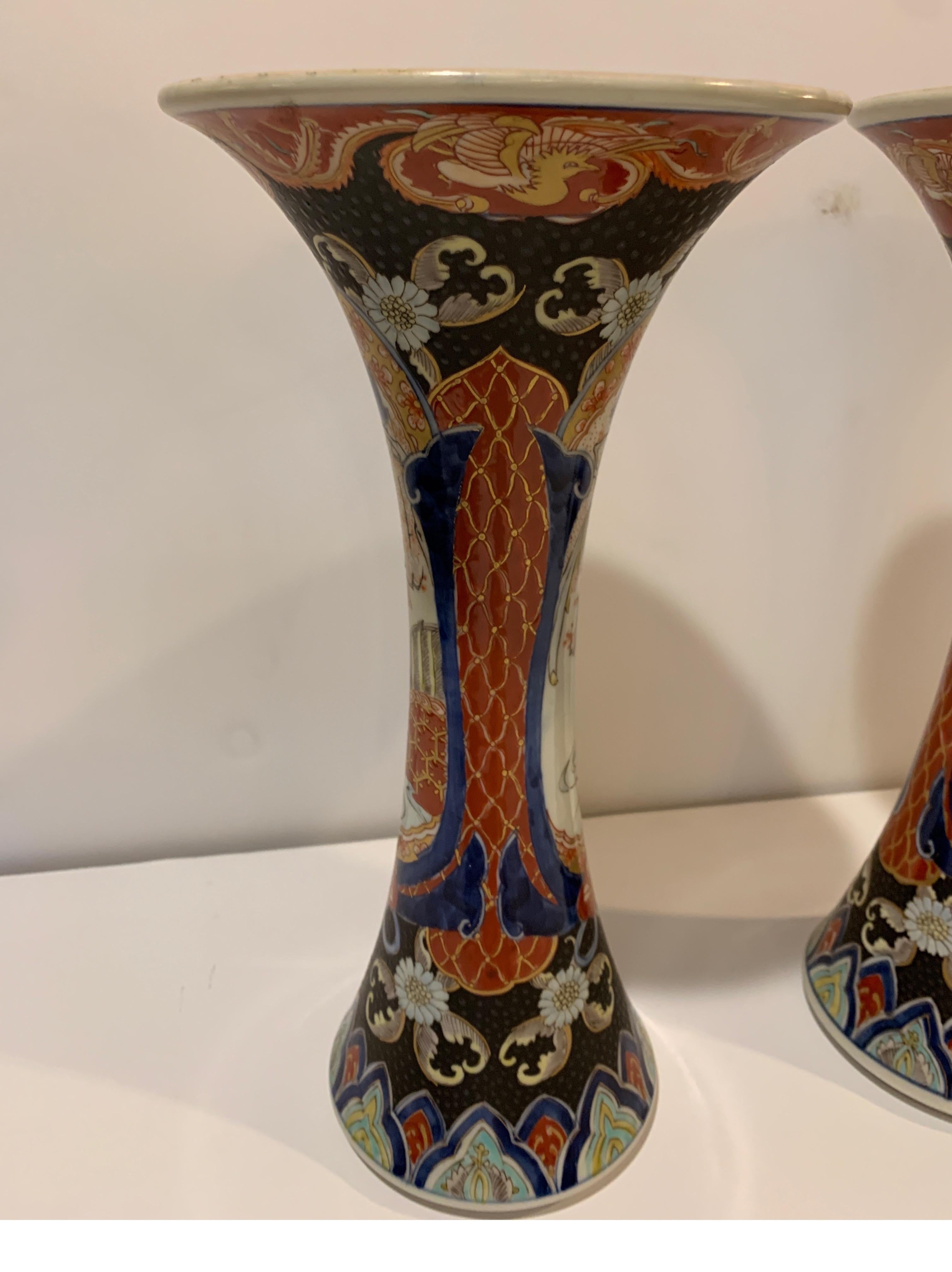 Hand-Painted Pair of 19th Century Imari Porcelain Trumpet Vases