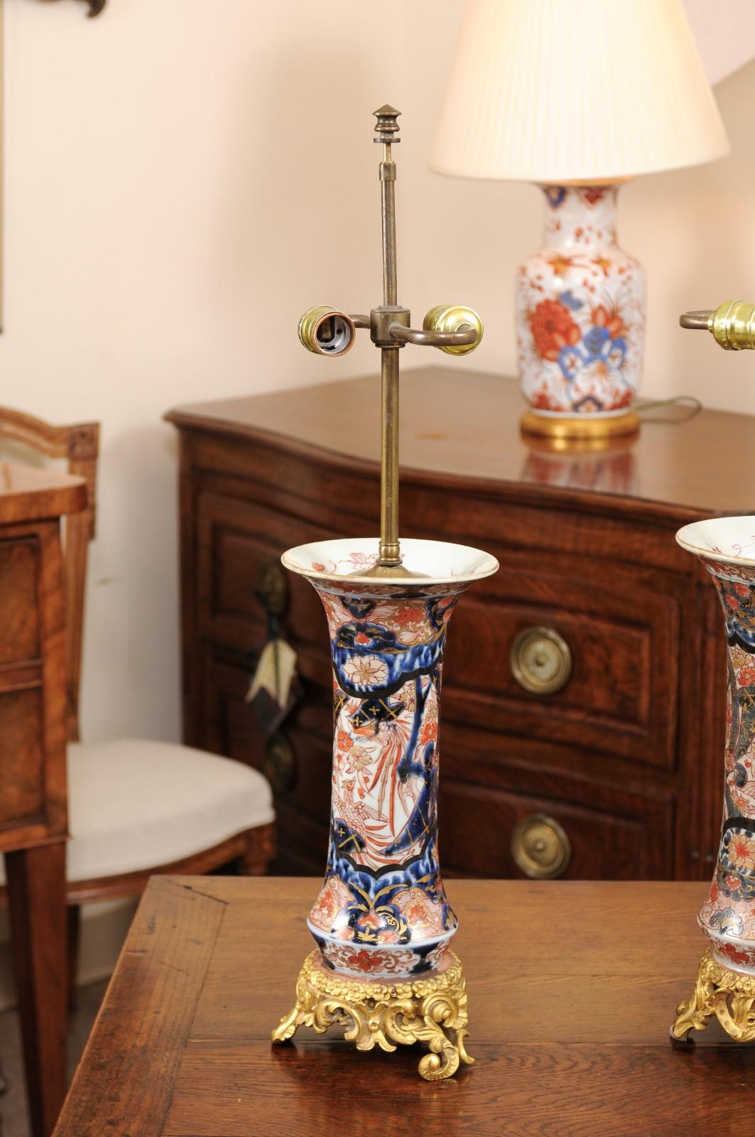 Japanese Pair of 19th Century Imari Porcelain Vases with Later Gilt Mounts, Wired as Lamp
