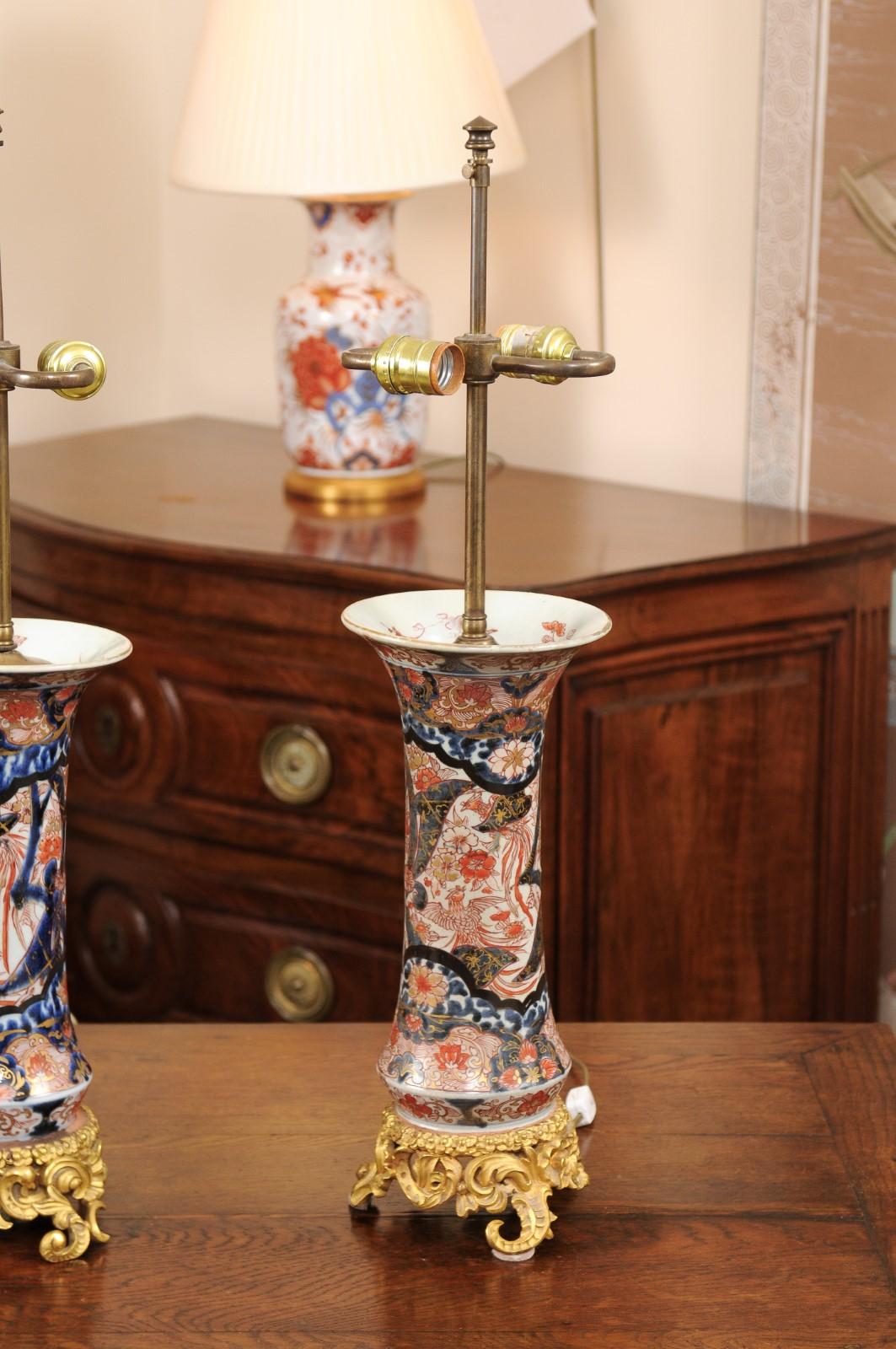 Pair of 19th Century Imari Porcelain Vases with Later Gilt Mounts, Wired as Lamp In Good Condition In Atlanta, GA