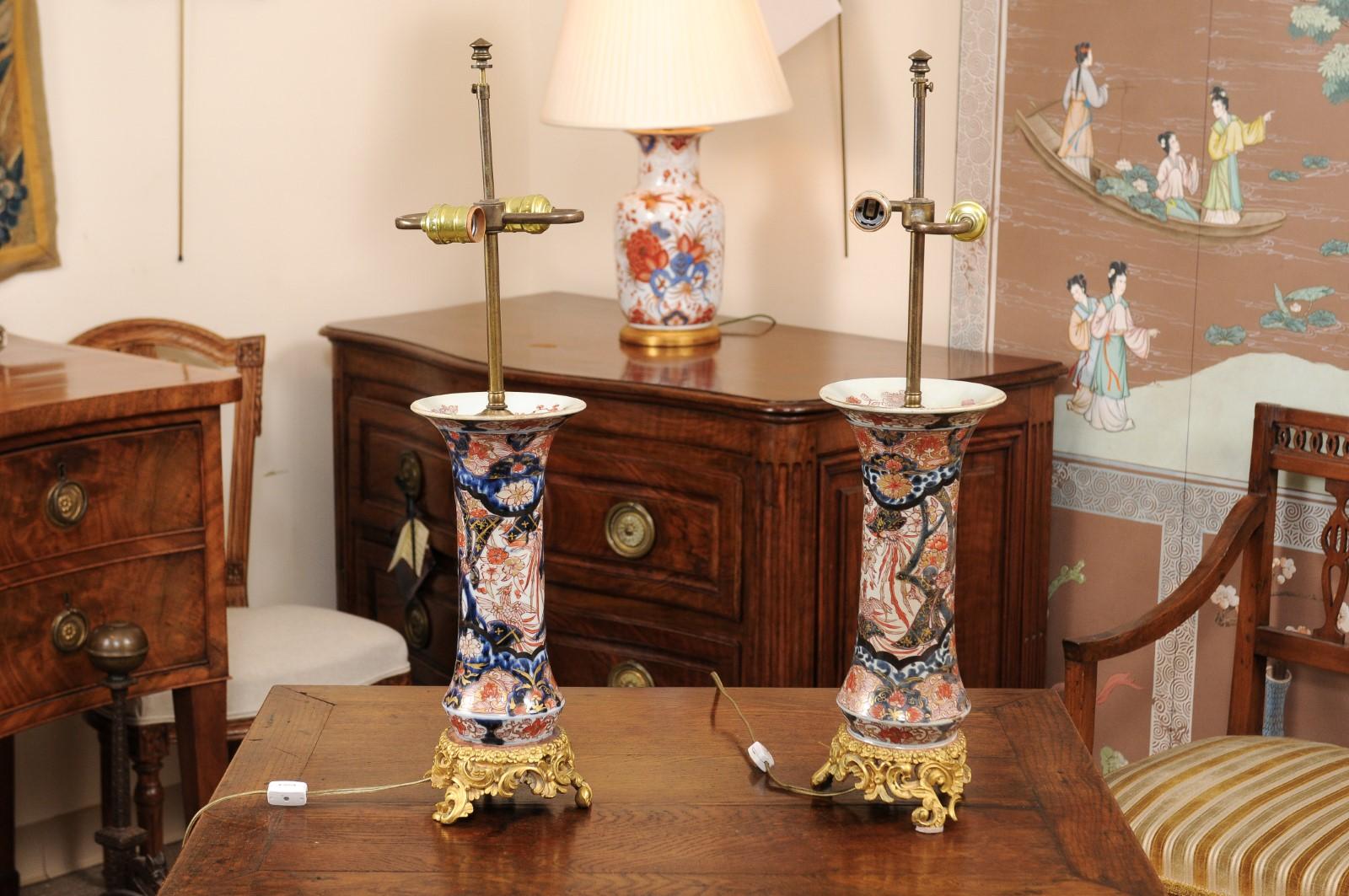 Pair of 19th Century Imari Porcelain Vases with Later Gilt Mounts, Wired as Lamp 1