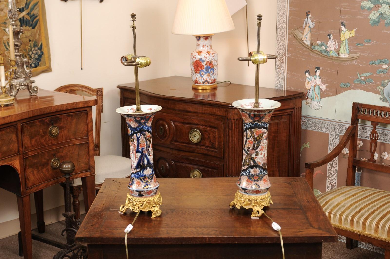 Pair of 19th Century Imari Porcelain Vases with Later Gilt Mounts, Wired as Lamp 2