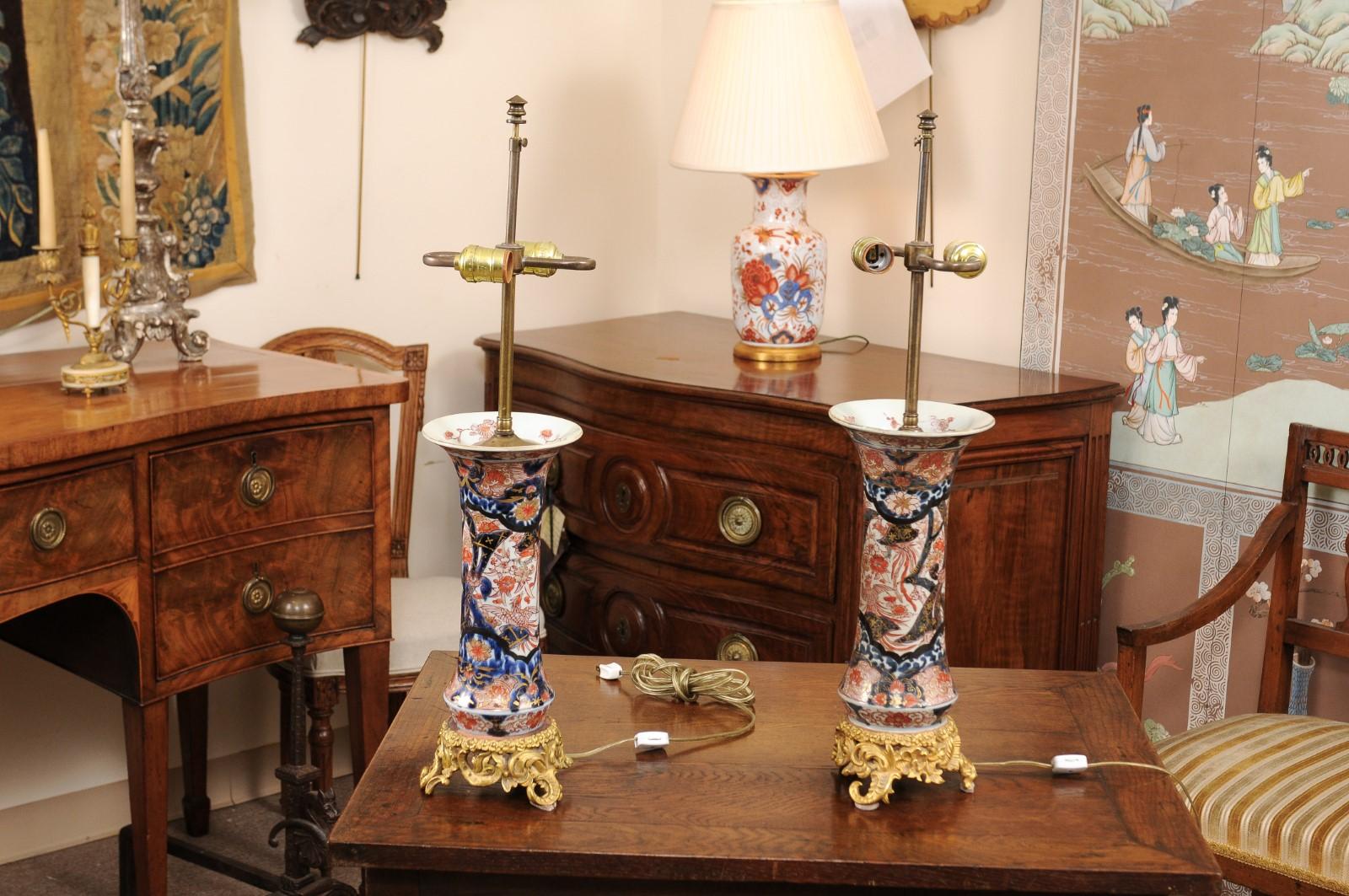 Pair of 19th Century Imari Porcelain Vases with Later Gilt Mounts, Wired as Lamp 3