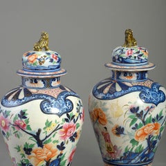 Pair of 19th Century, Imari Style Faience Pottery Vases and Covers