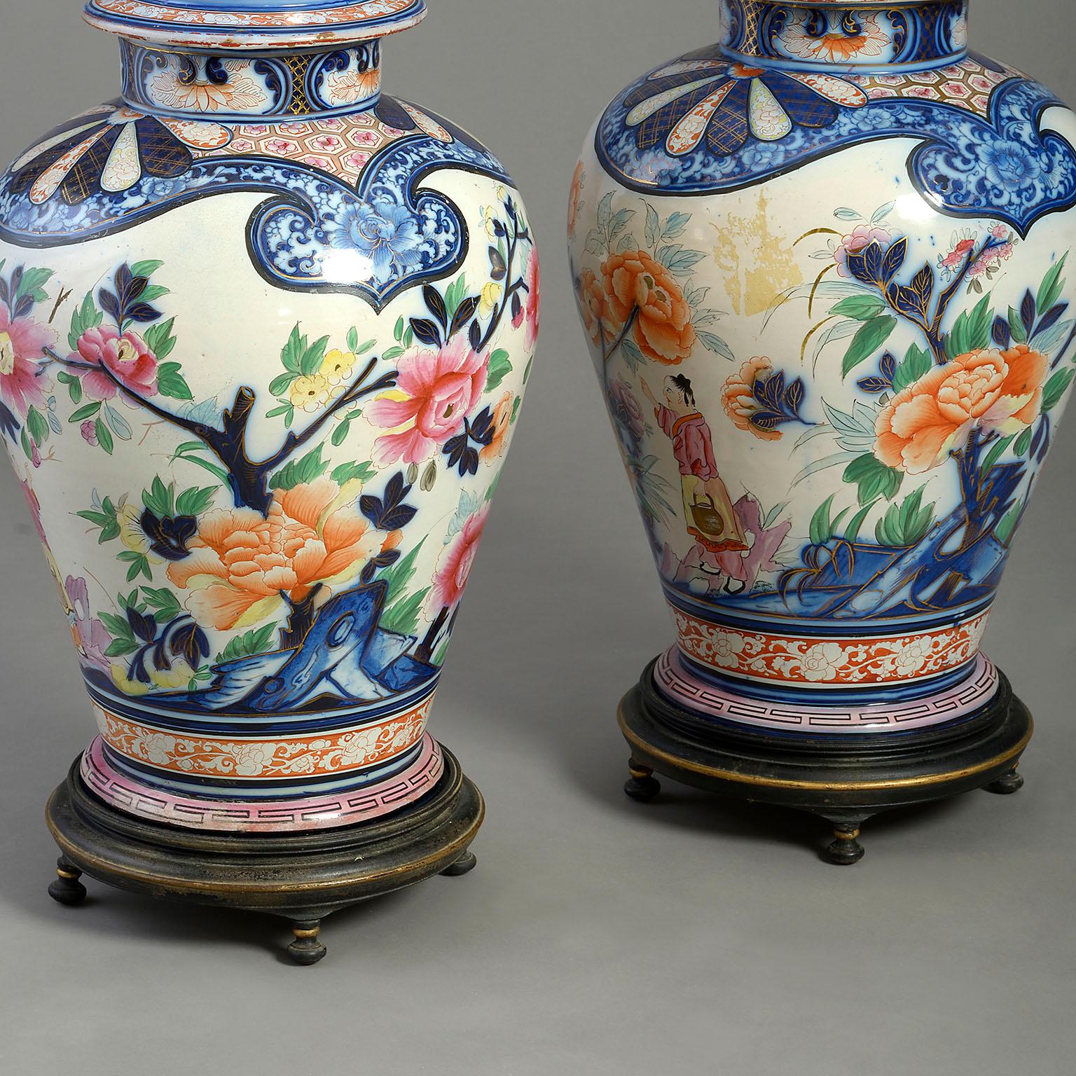 Japonisme Pair of 19th Century, Imari Style Faience Pottery Vases and Covers For Sale