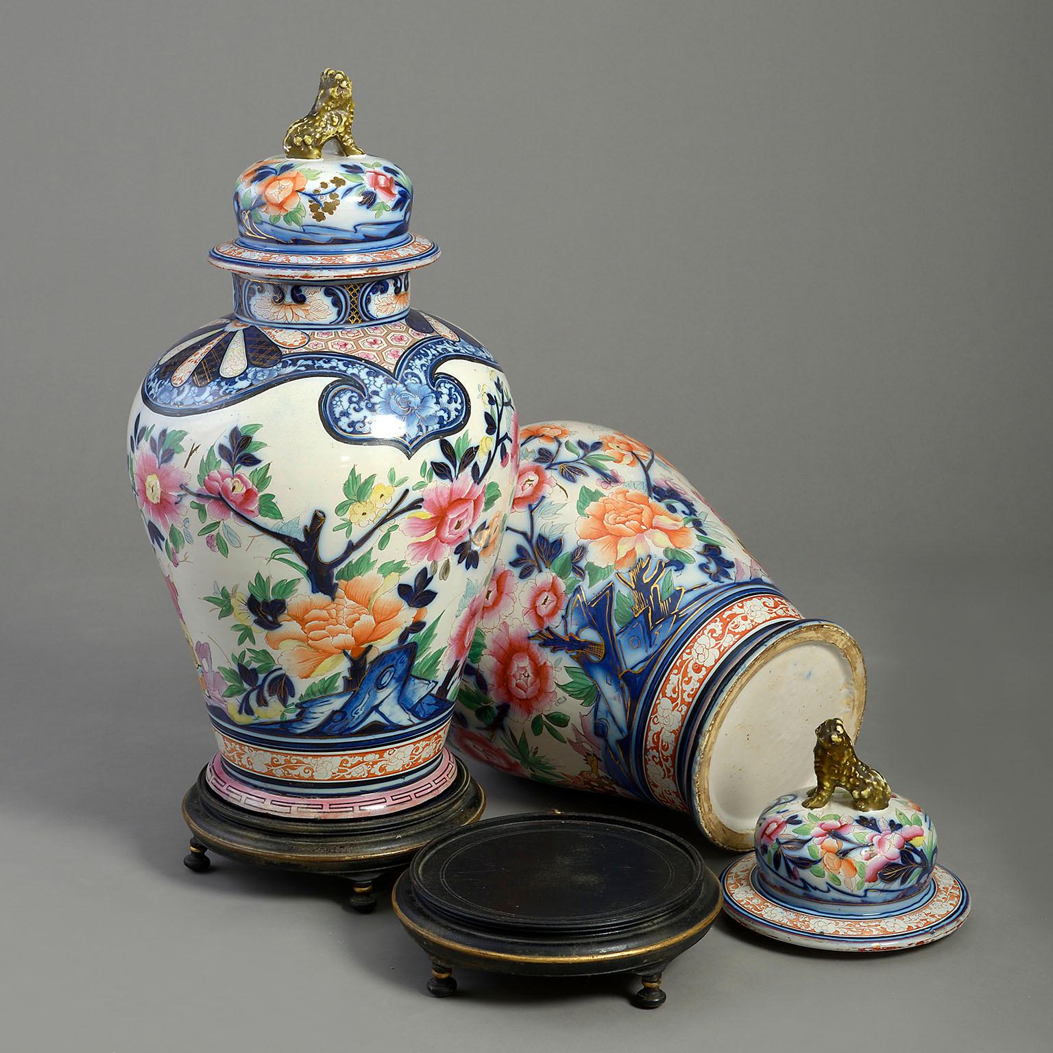 French Pair of 19th Century, Imari Style Faience Pottery Vases and Covers For Sale