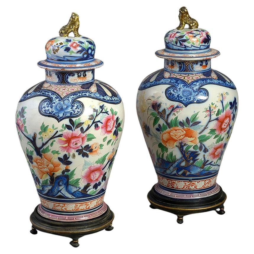 Pair of 19th Century, Imari Style Faience Pottery Vases and Covers For Sale