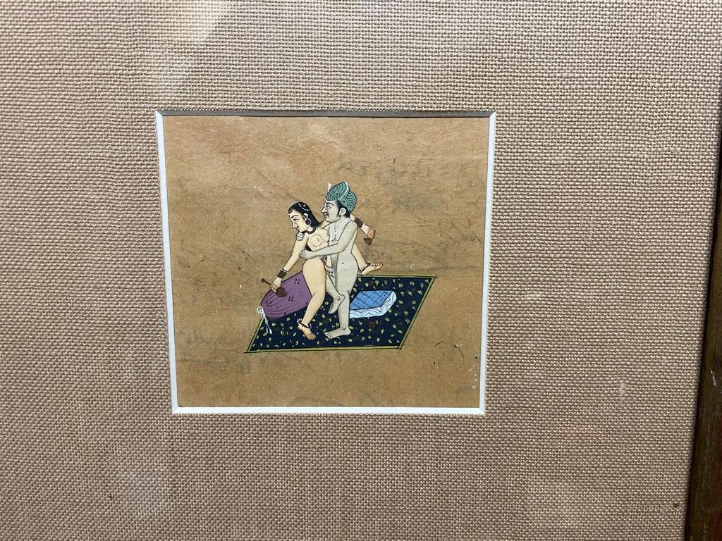 Pair of 19th Century Indian Erotic Kama Sutra Tantric Gouaches in Fretwork Frame For Sale 2