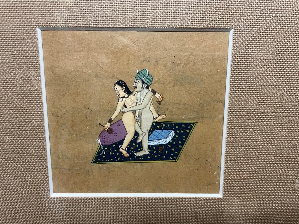 Pair of 19th Century Indian Erotic Kama Sutra Tantric Gouaches in Fretwork Frame For Sale 3