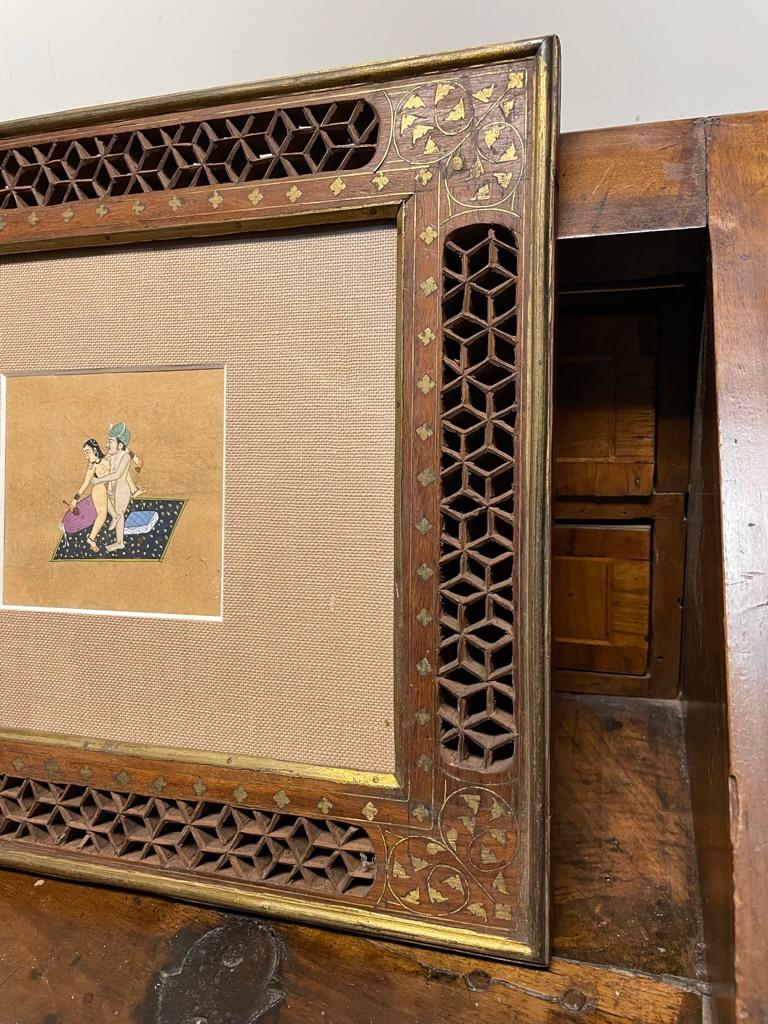Pair of 19th Century Indian Erotic Kama Sutra Tantric Gouaches in Fretwork Frame For Sale 7