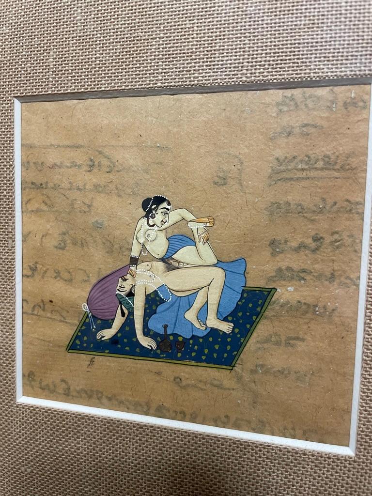 Pair of 19th Century Indian Erotic Kama Sutra Tantric Gouaches in Fretwork Frame For Sale 10