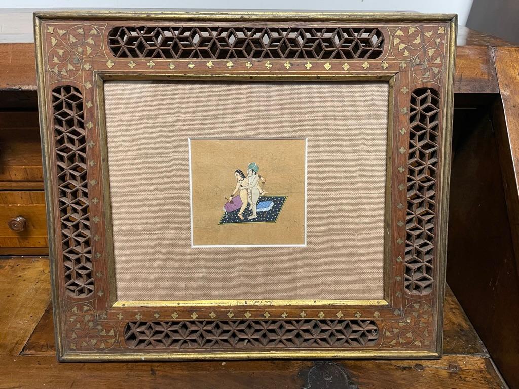 A pair of 19th century Indian erotic gouaches depicting copulating couples engaging in different positions. The actions of the couples juxtaposed with the calm demeanor on their faces makes these gouaches quite amusing, compelling, perhaps