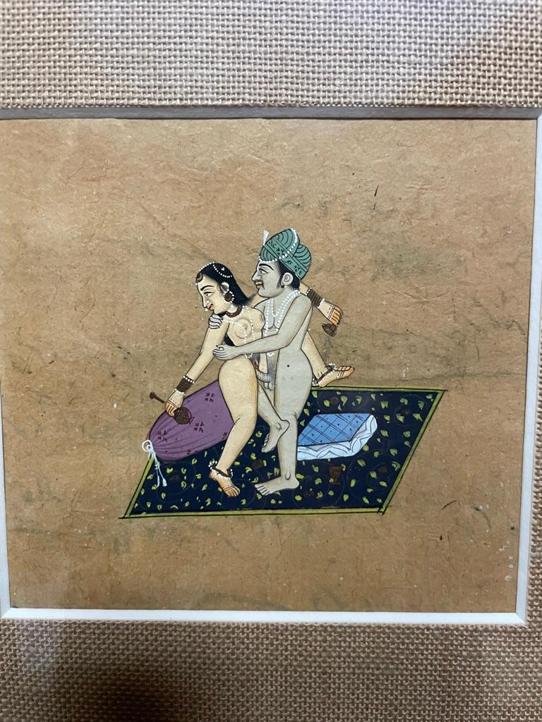 Pair of 19th Century Indian Erotic Kama Sutra Tantric Gouaches in Fretwork Frame For Sale 11
