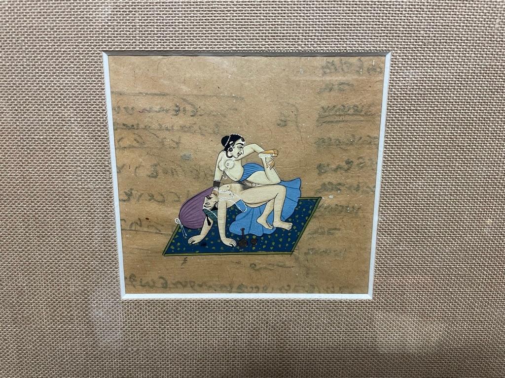 Pareja de gouaches tántricos eróticos del Kama Sutra indio del siglo XIX en marco calado Indio en venta