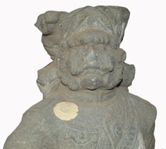 Pair of 19th Century Indian Hand-Carved Grey Stone Soldier Temple Sculptures