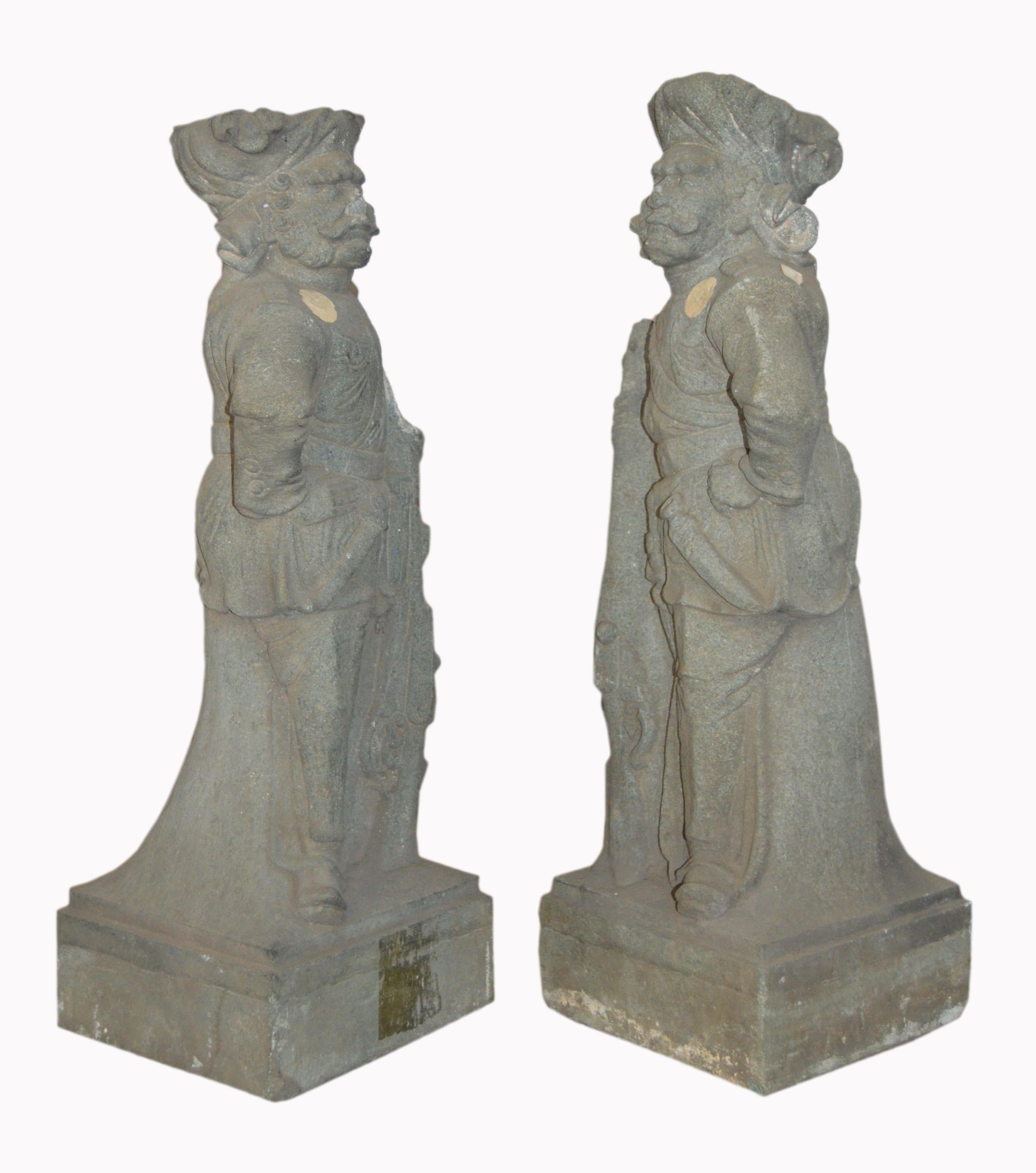 Pair of 19th Century Indian Hand-Carved Grey Stone Soldier Temple Sculptures For Sale 2