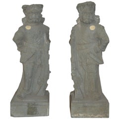 Used Pair of 19th Century Indian Hand-Carved Grey Stone Soldier Temple Sculptures