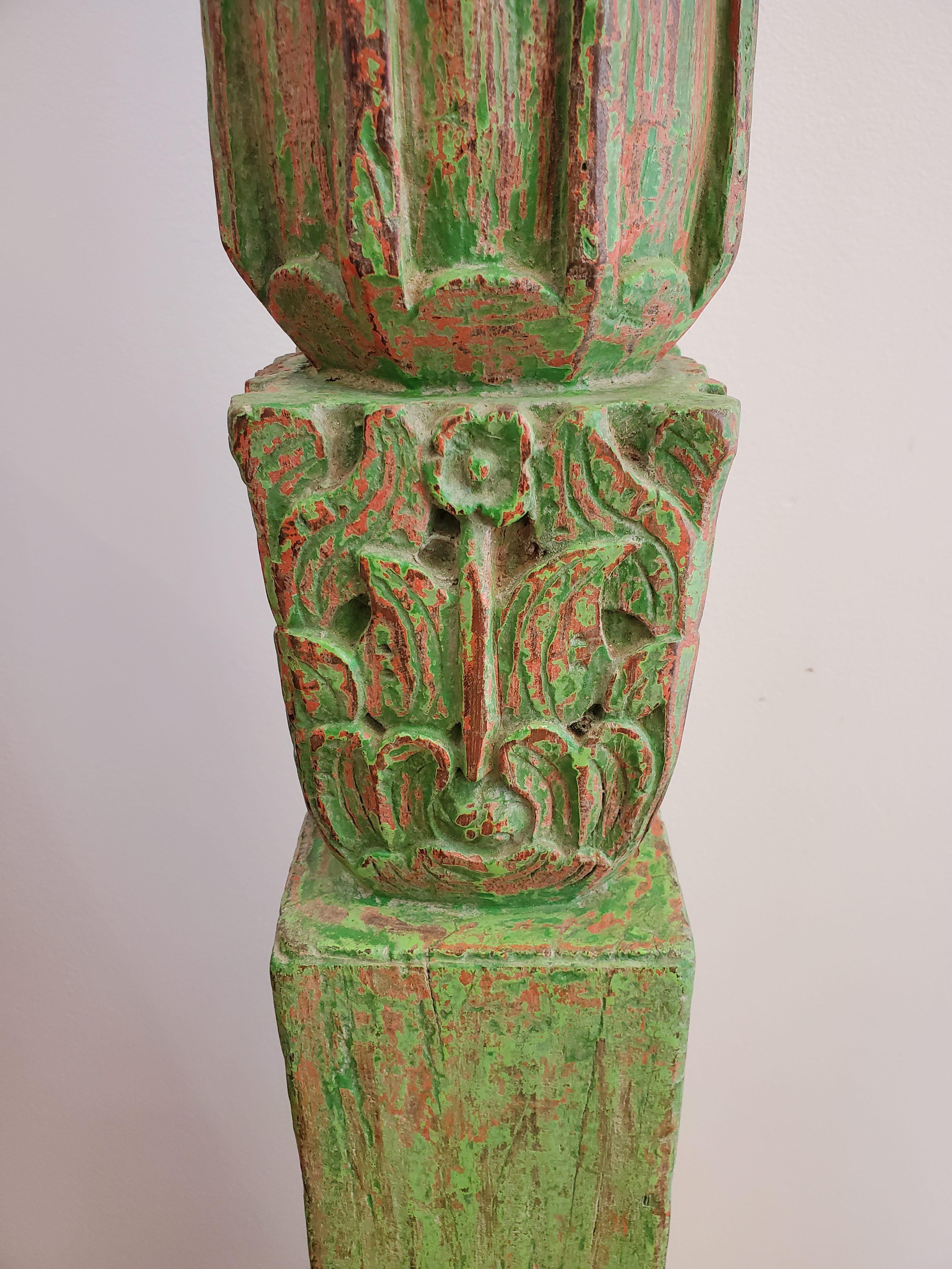 Pair of 19th Century Indonesian Carved Green and Red Painted Teak Columns For Sale 7