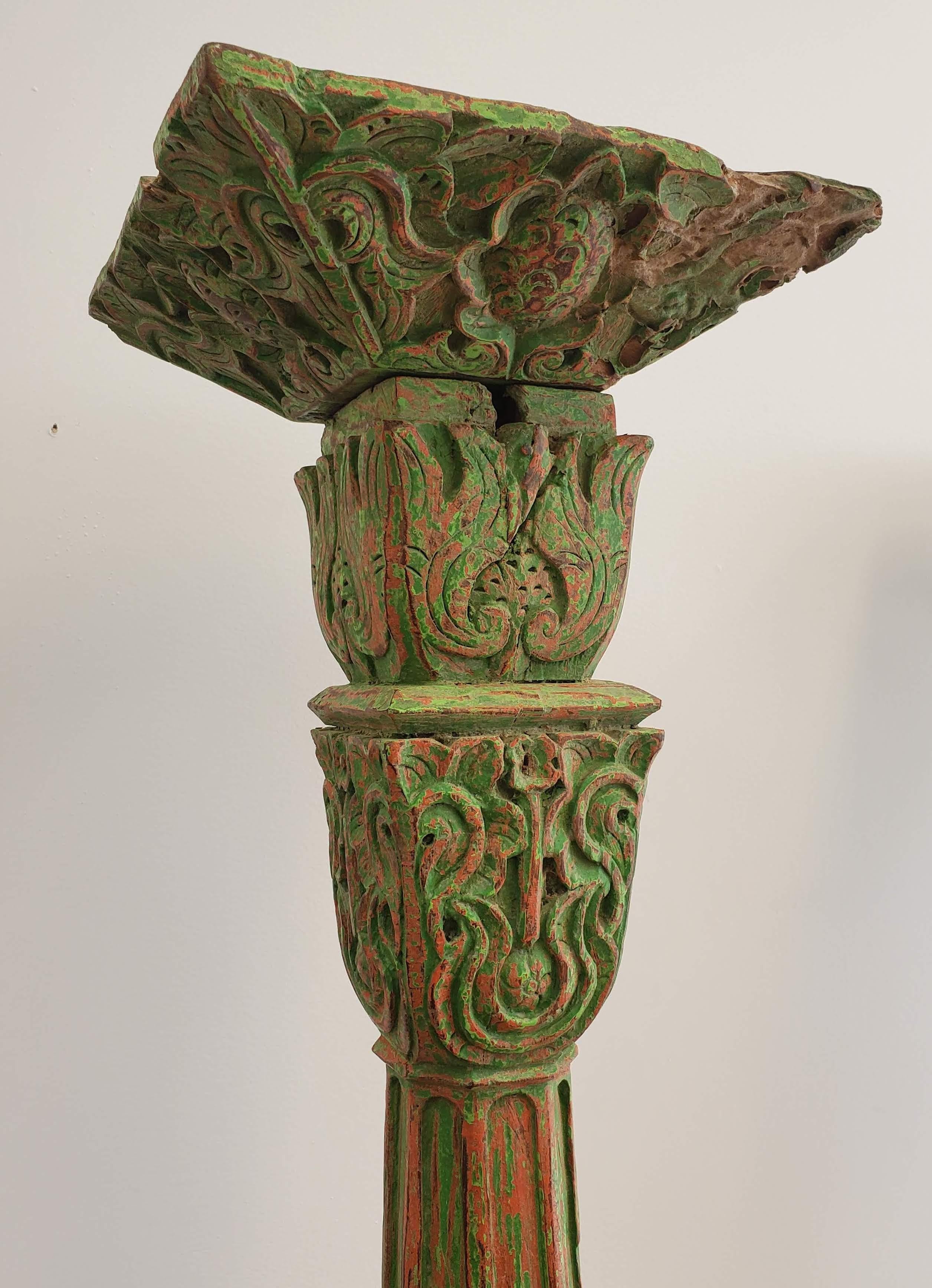 Pair of 19th Century Indonesian Carved Green and Red Painted Teak Columns 1