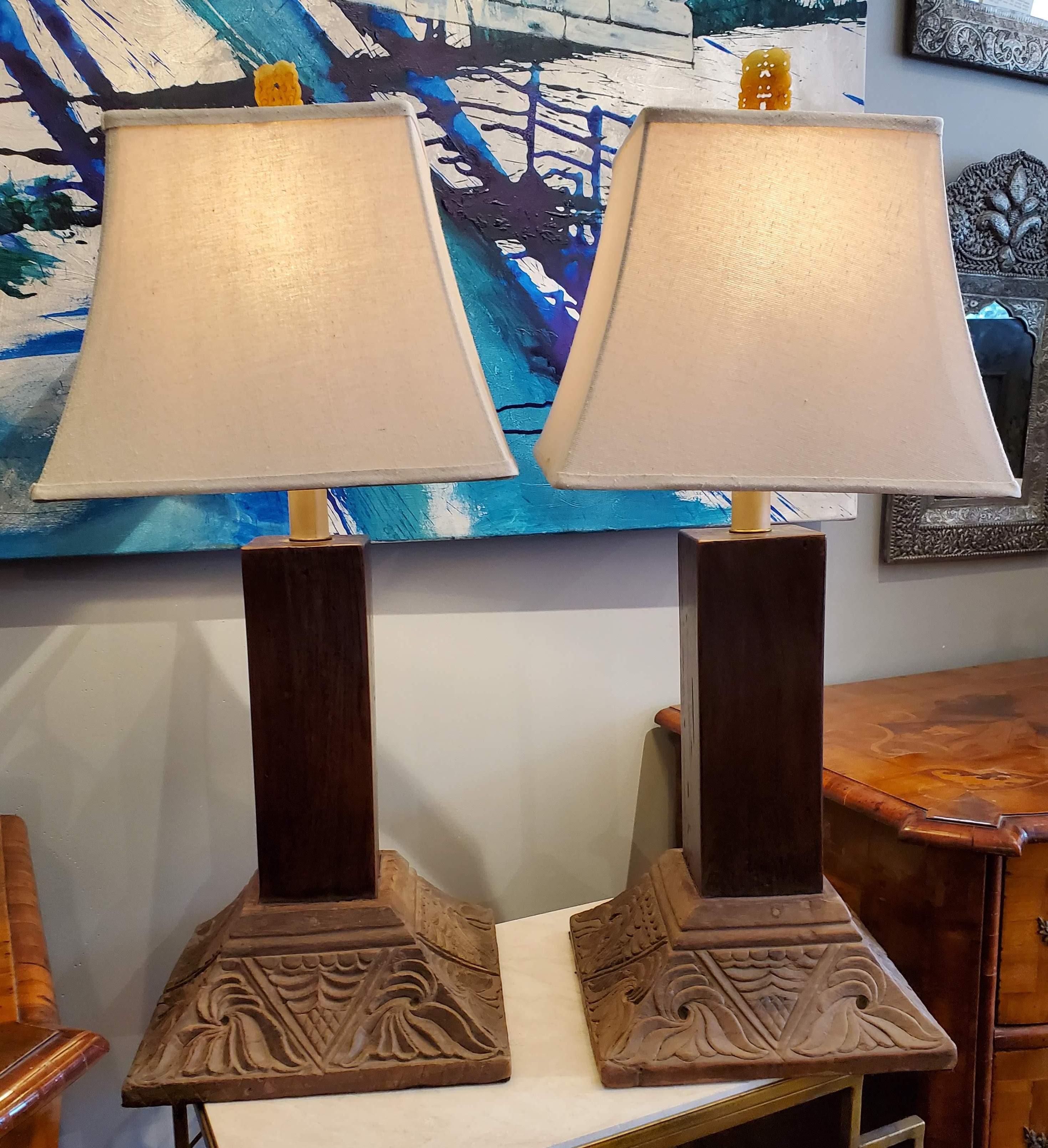Pair of 19th Century Indonesian Teak Column Base Table Lamps with Linen Shades 5