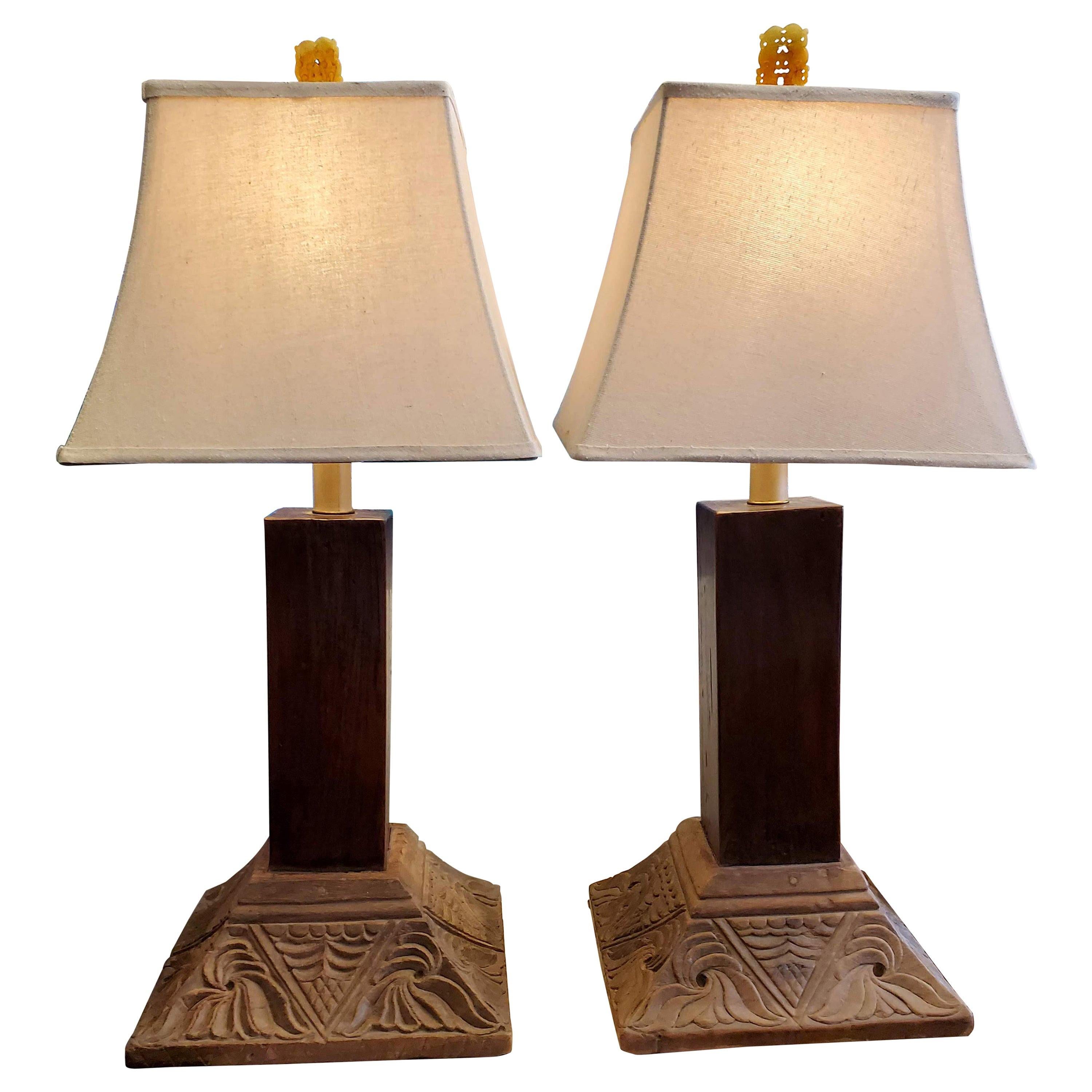 Pair of 19th Century Indonesian Teak Column Base Table Lamps with Linen Shades