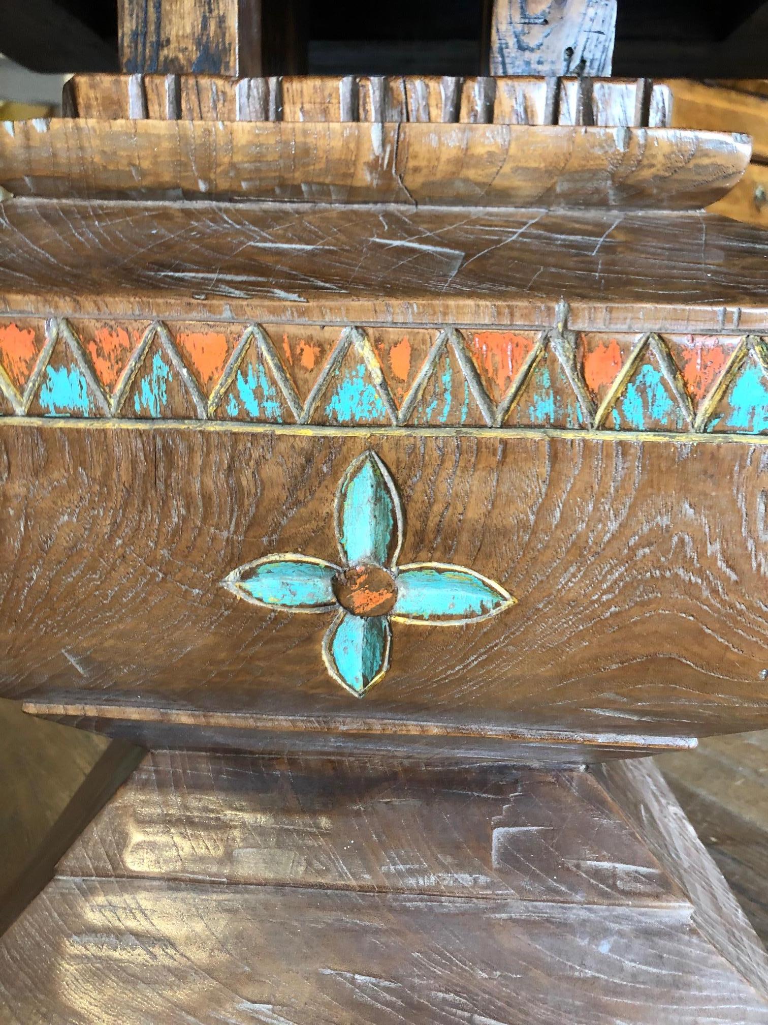 Carved teak with original painted decoration and new tops fabricated from re-purposed teak.
Made in Bali, circa 1880.