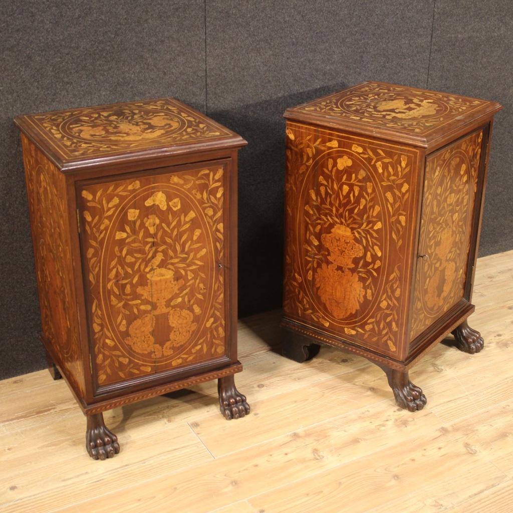 Pair of Dutch cabinets from the late 19th century. Furniture richly inlaid with floral decorations and cups on the front, sides and top, of excellent quality. Tall bedside tables in mahogany, maple, oak and fruitwood of good size and great impact,
