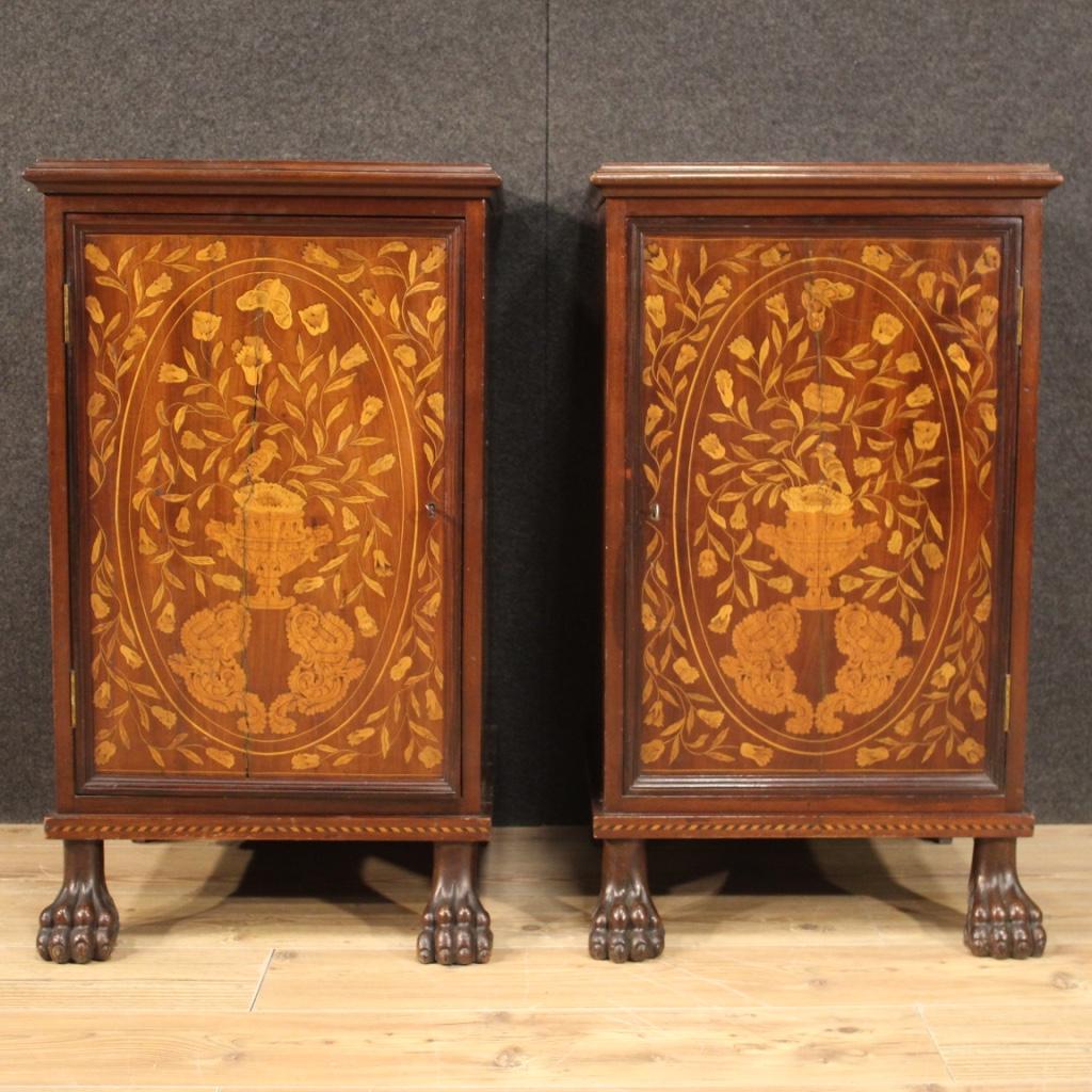 Pair of 19th Century Inlaid Wood Antique Dutch Nightstands, 1890 In Fair Condition In Vicoforte, Piedmont