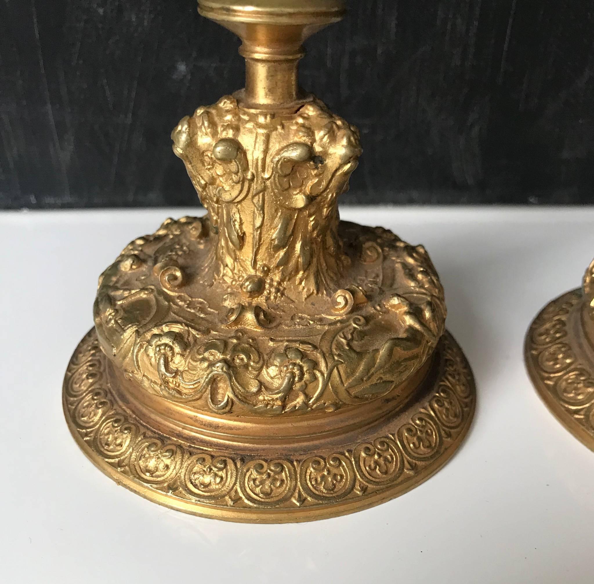 Pair of 19th Century Intricately Figural Gilt Bronze Candlesticks Candleholders For Sale 4