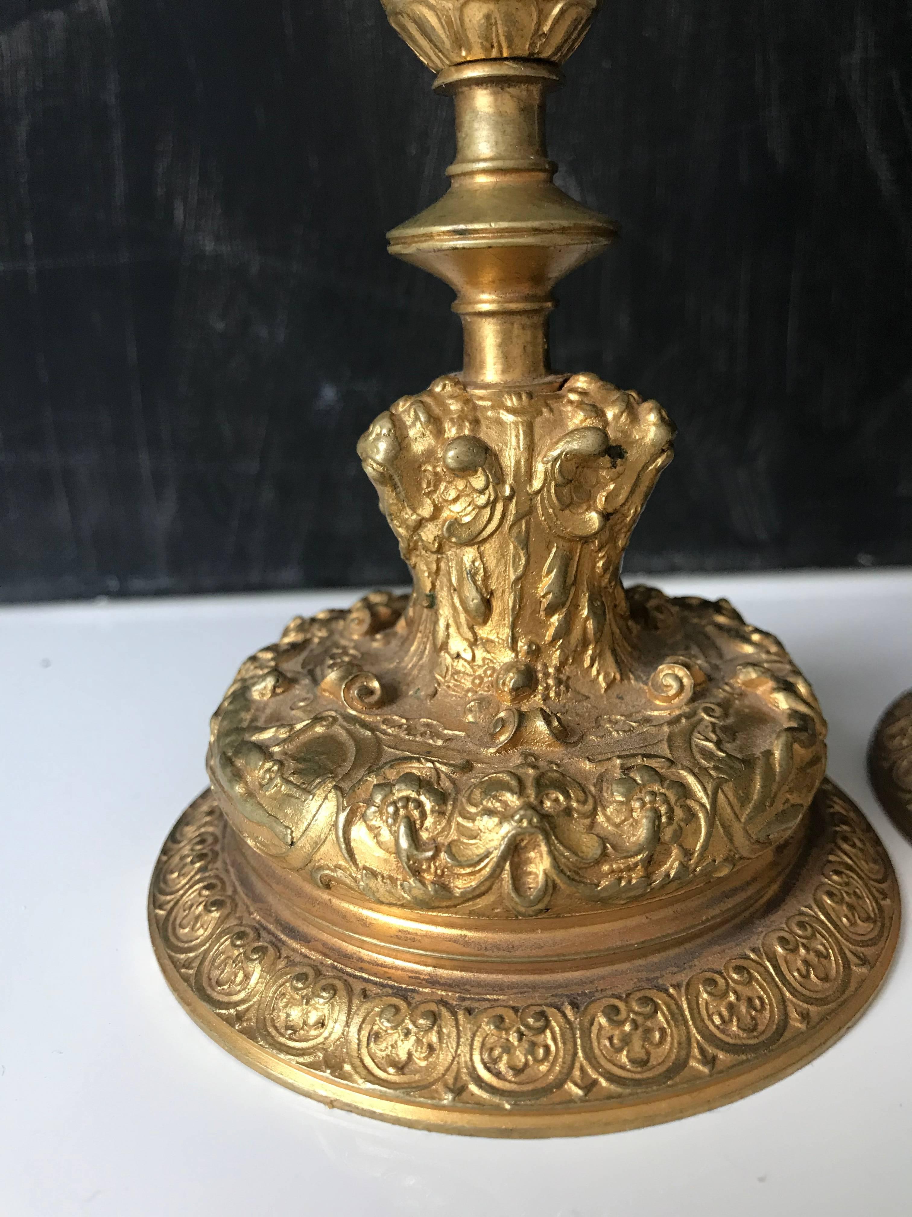 Pair of 19th Century Intricately Figural Gilt Bronze Candlesticks Candleholders For Sale 5