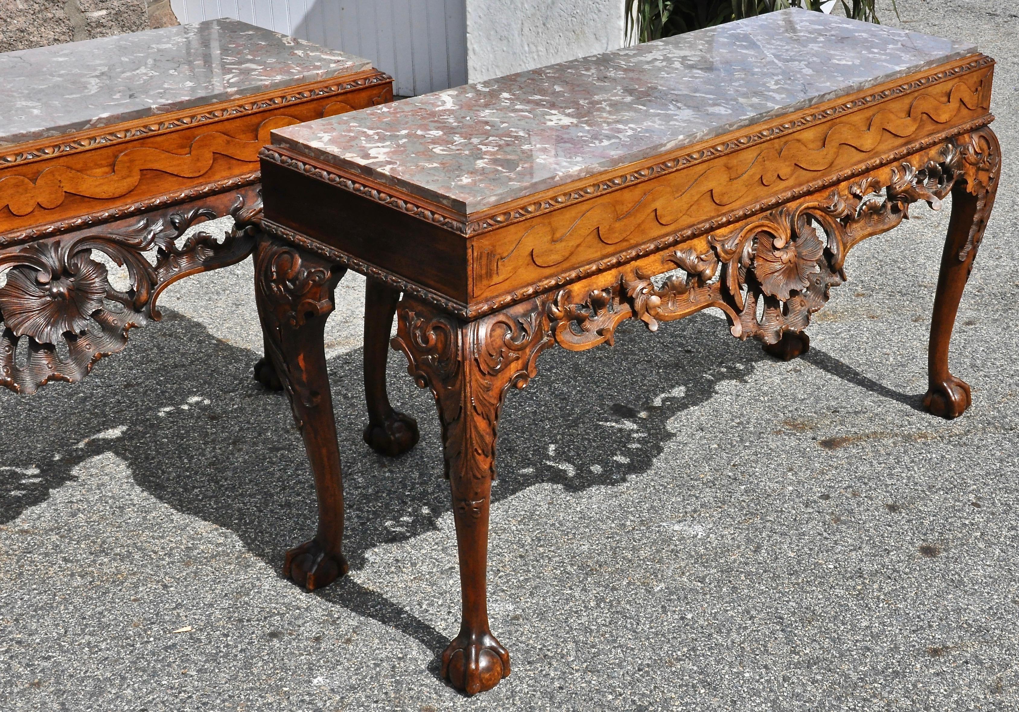 Carved Pair of 19th Century Irish Georgian Walnut Console Tables