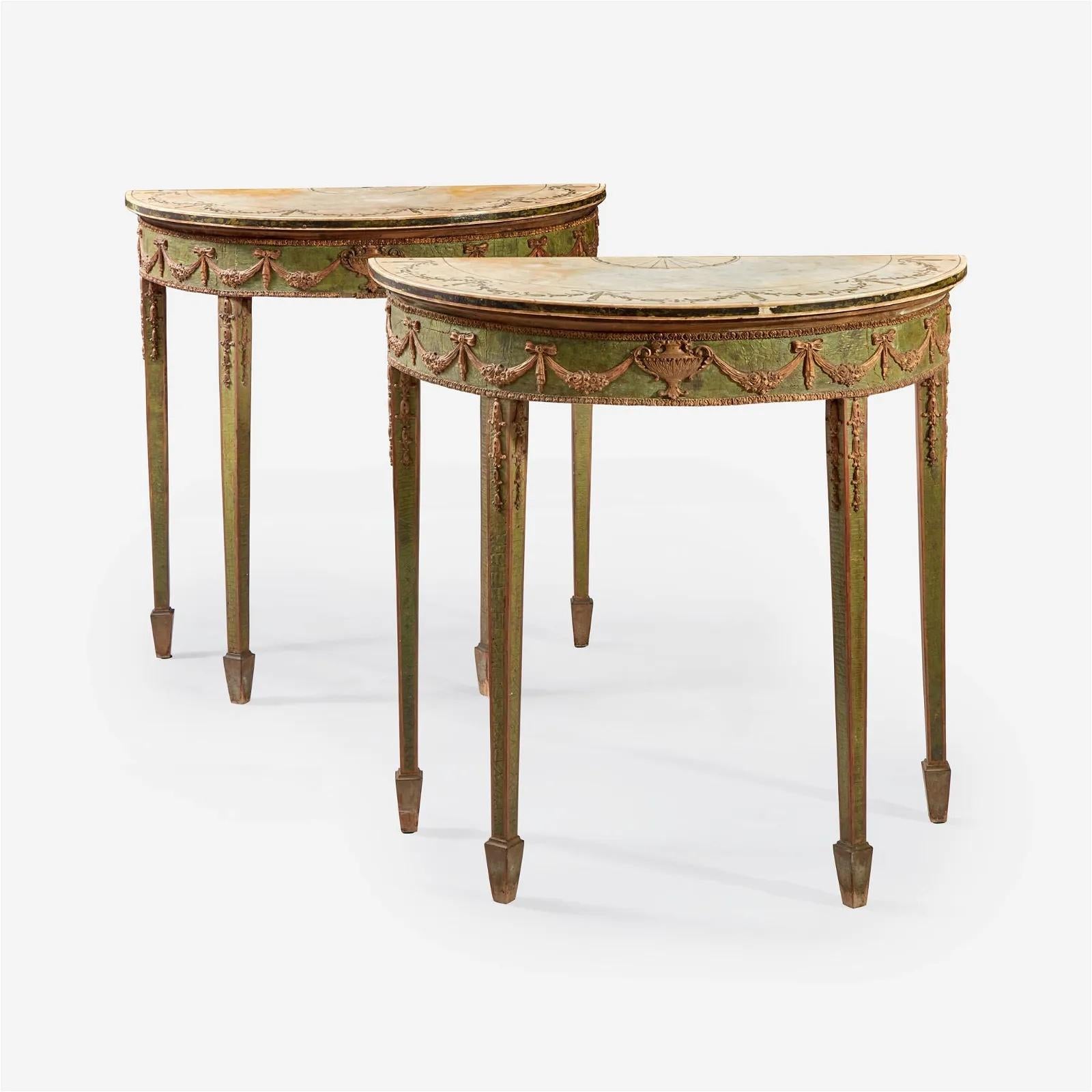 Painted Pair of 19th Century Irish Neoclassical Demilune Marble Top Console Tables