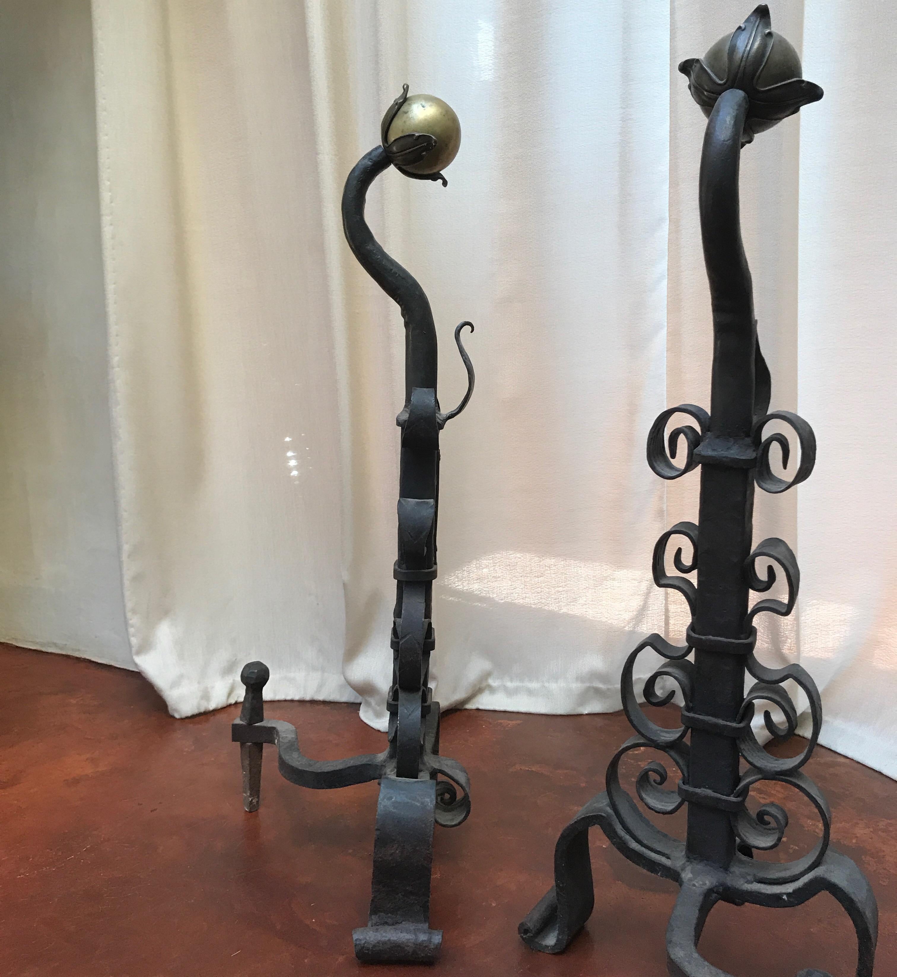 Pair of 19th Century Iron and Brass Andirons For Sale 8