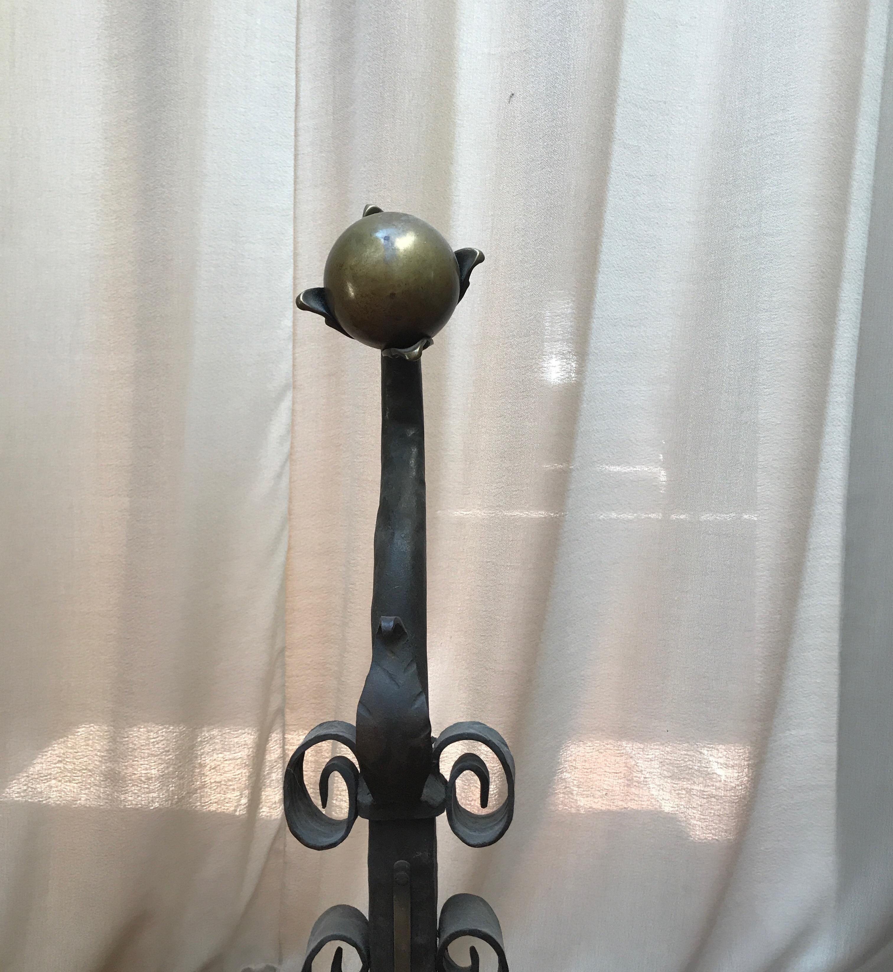 European Pair of 19th Century Iron and Brass Andirons For Sale