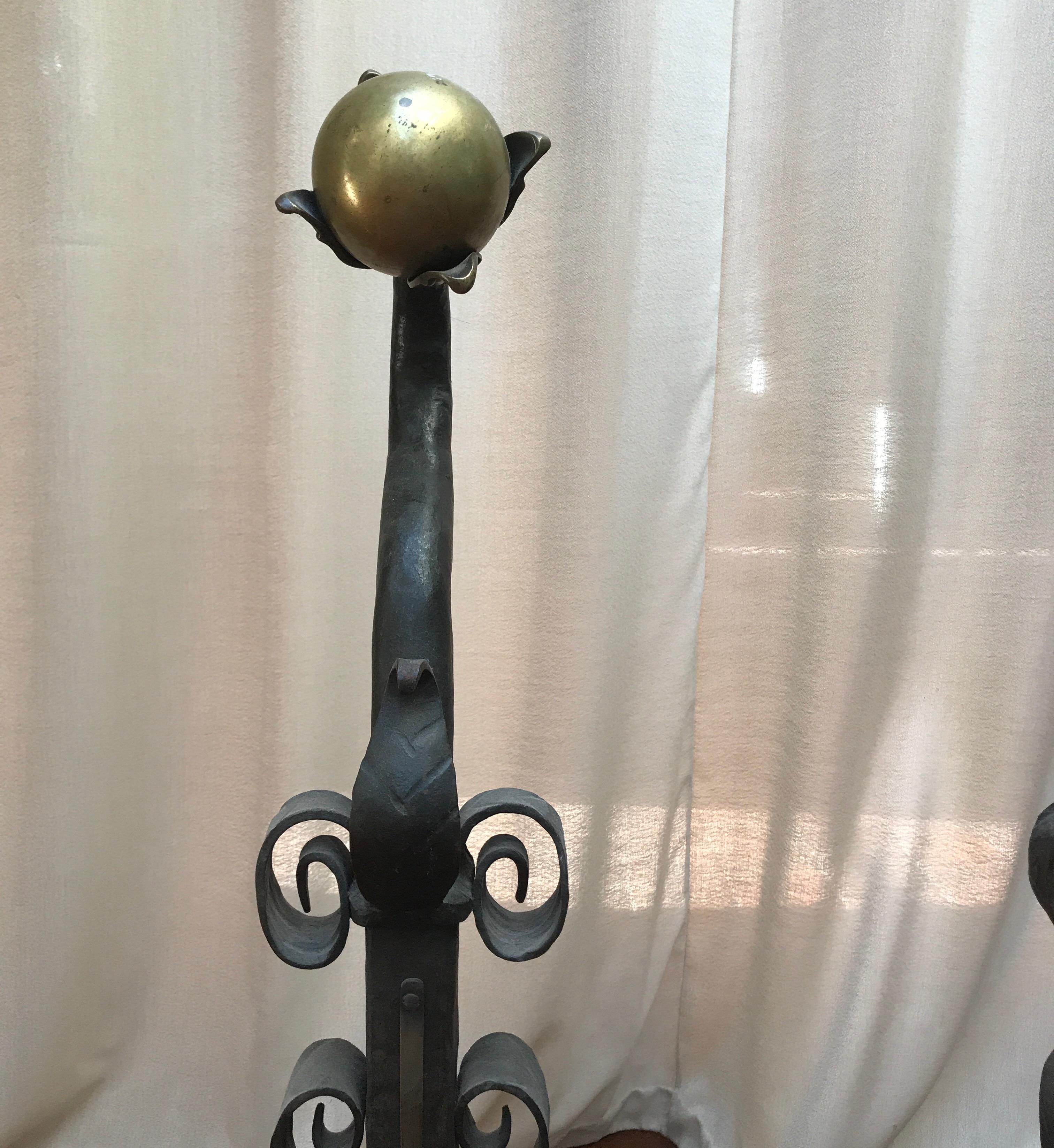 Pair of 19th Century Iron and Brass Andirons For Sale 1