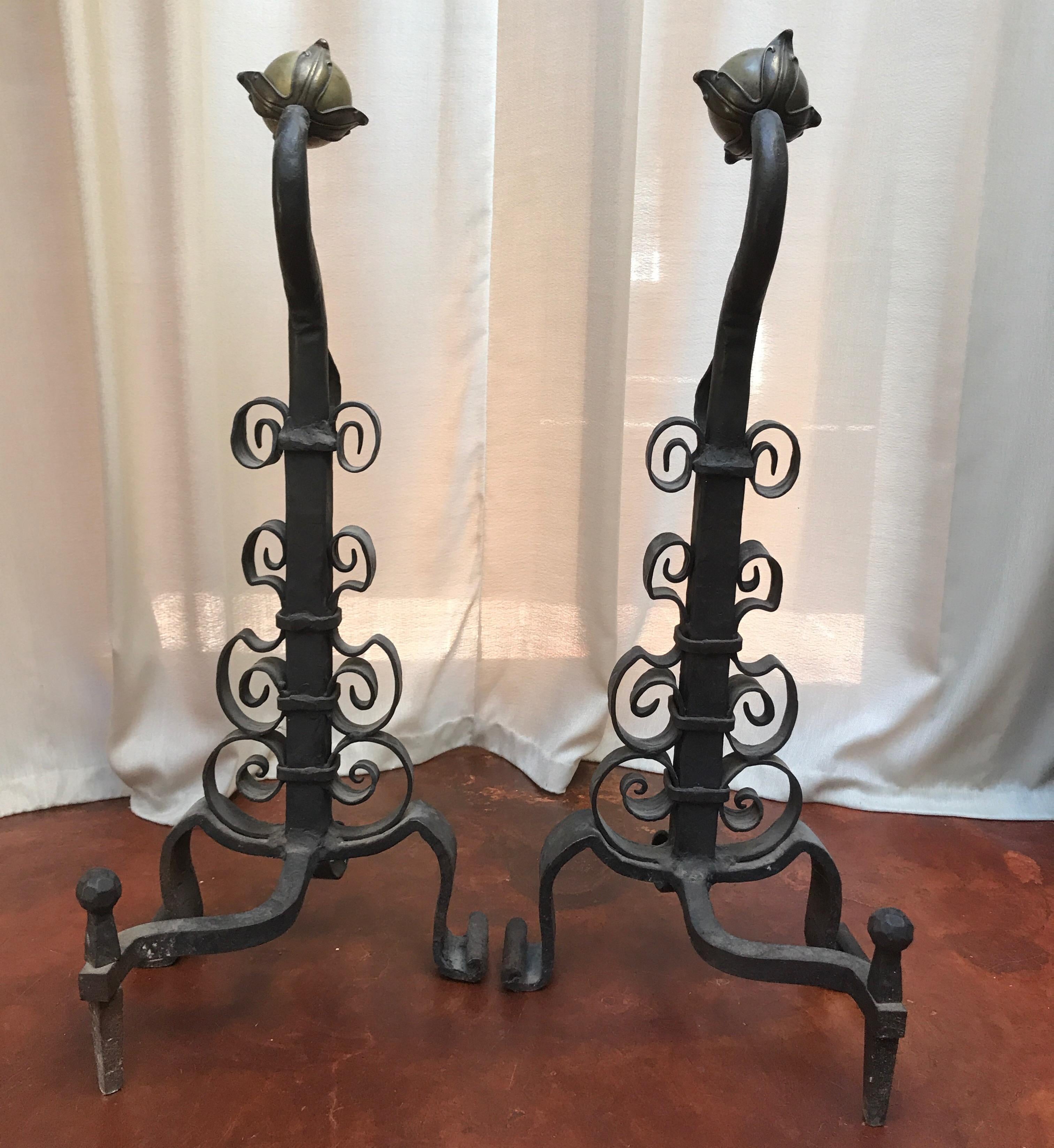 Pair of 19th Century Iron and Brass Andirons For Sale 3