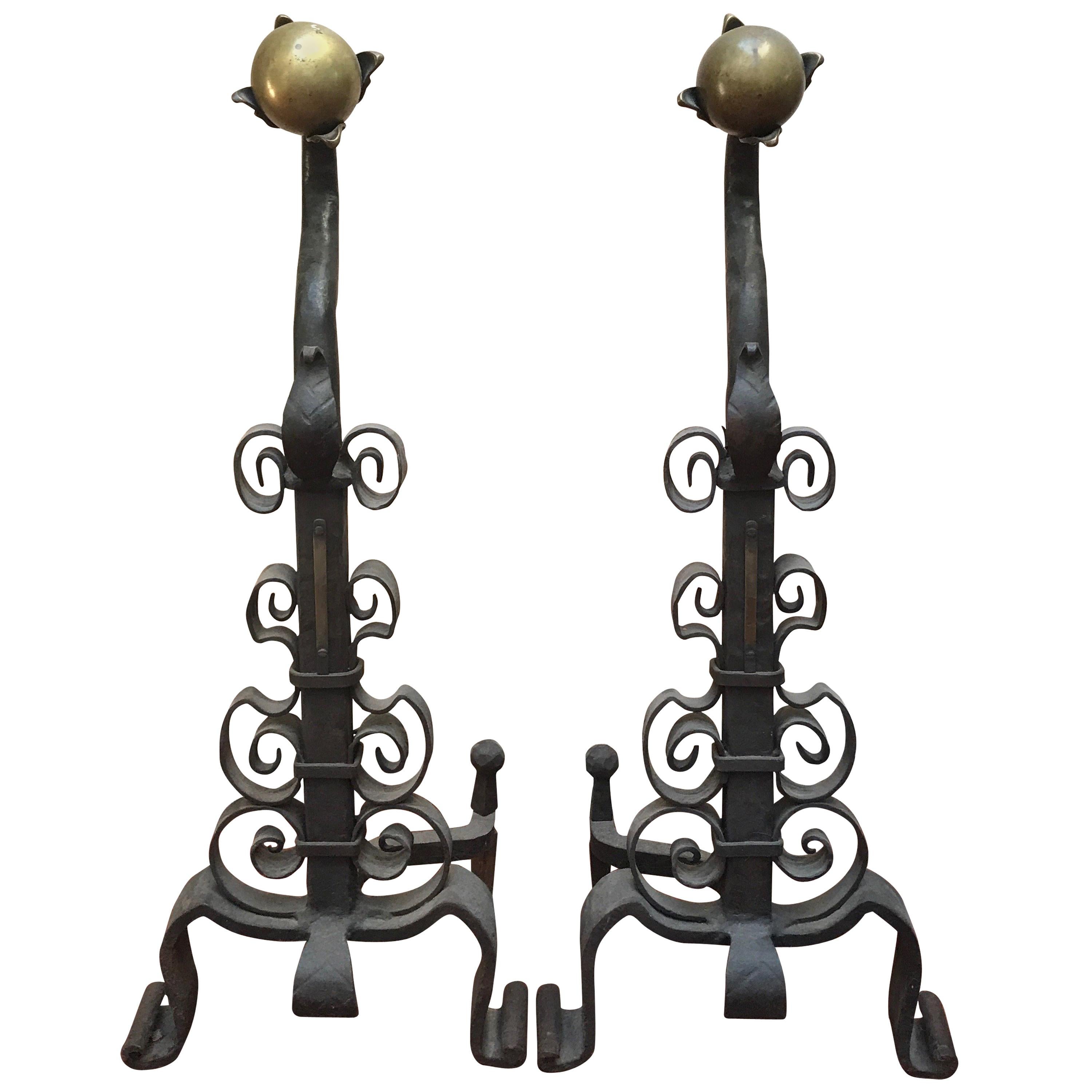 Pair of 19th Century Iron and Brass Andirons For Sale