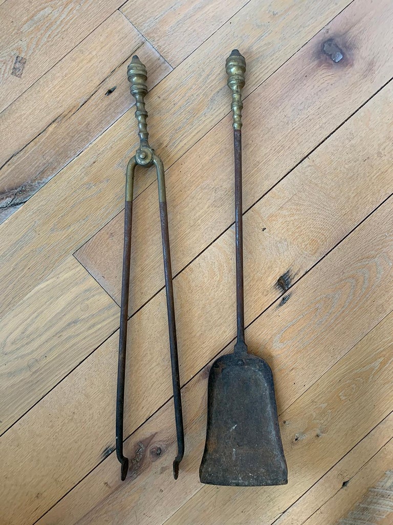 Pair of 19th Century Iron and Brass Fireplace Tools, Shovel and Tong at